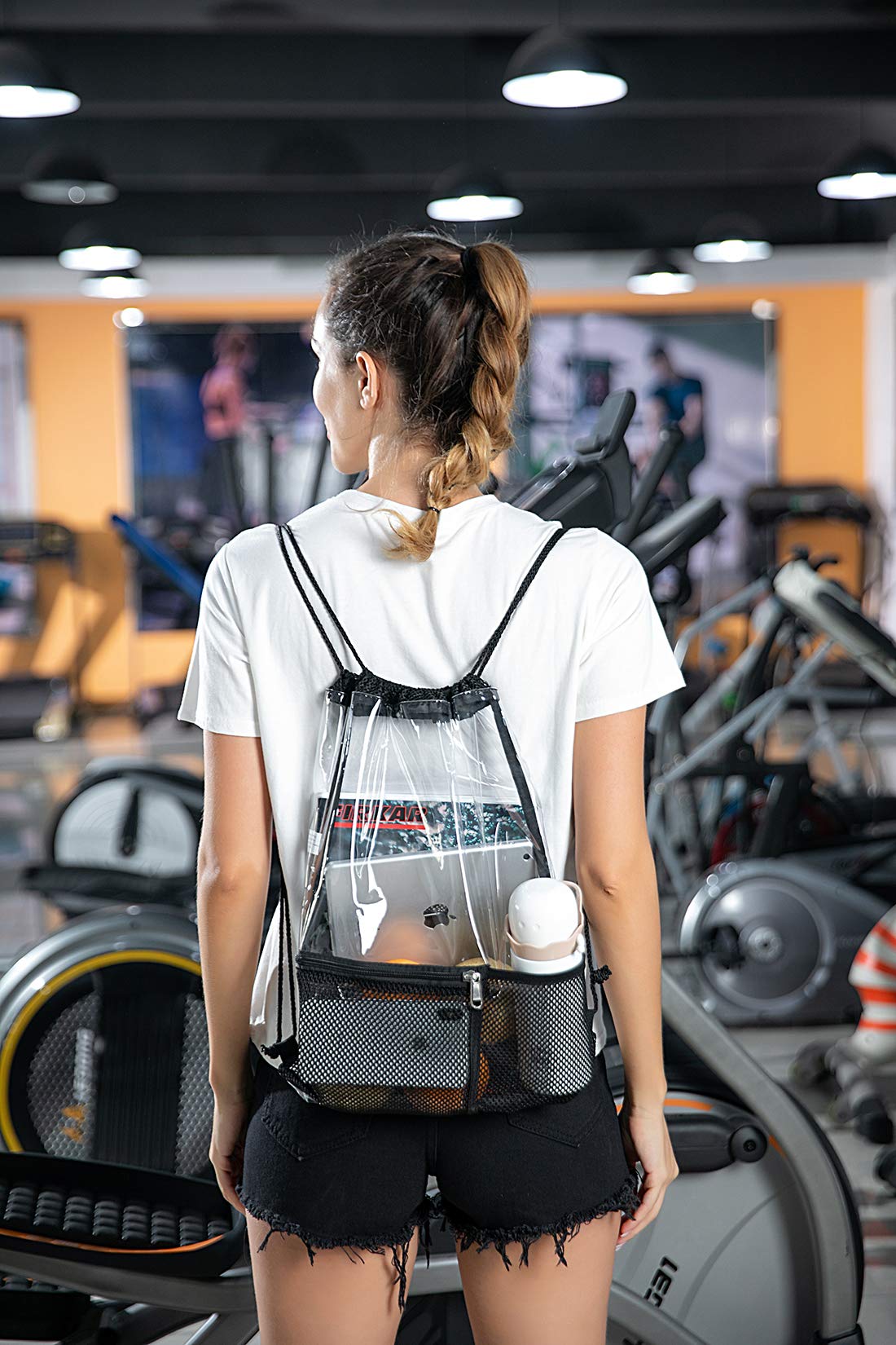 MAY TREE Clear Drawstring Backpack for Women & Men - Waterproof Stadium Approved Concert Bag with 2 Front Pockets - Perfect for Sports, Festivals, Travel & Work - Black