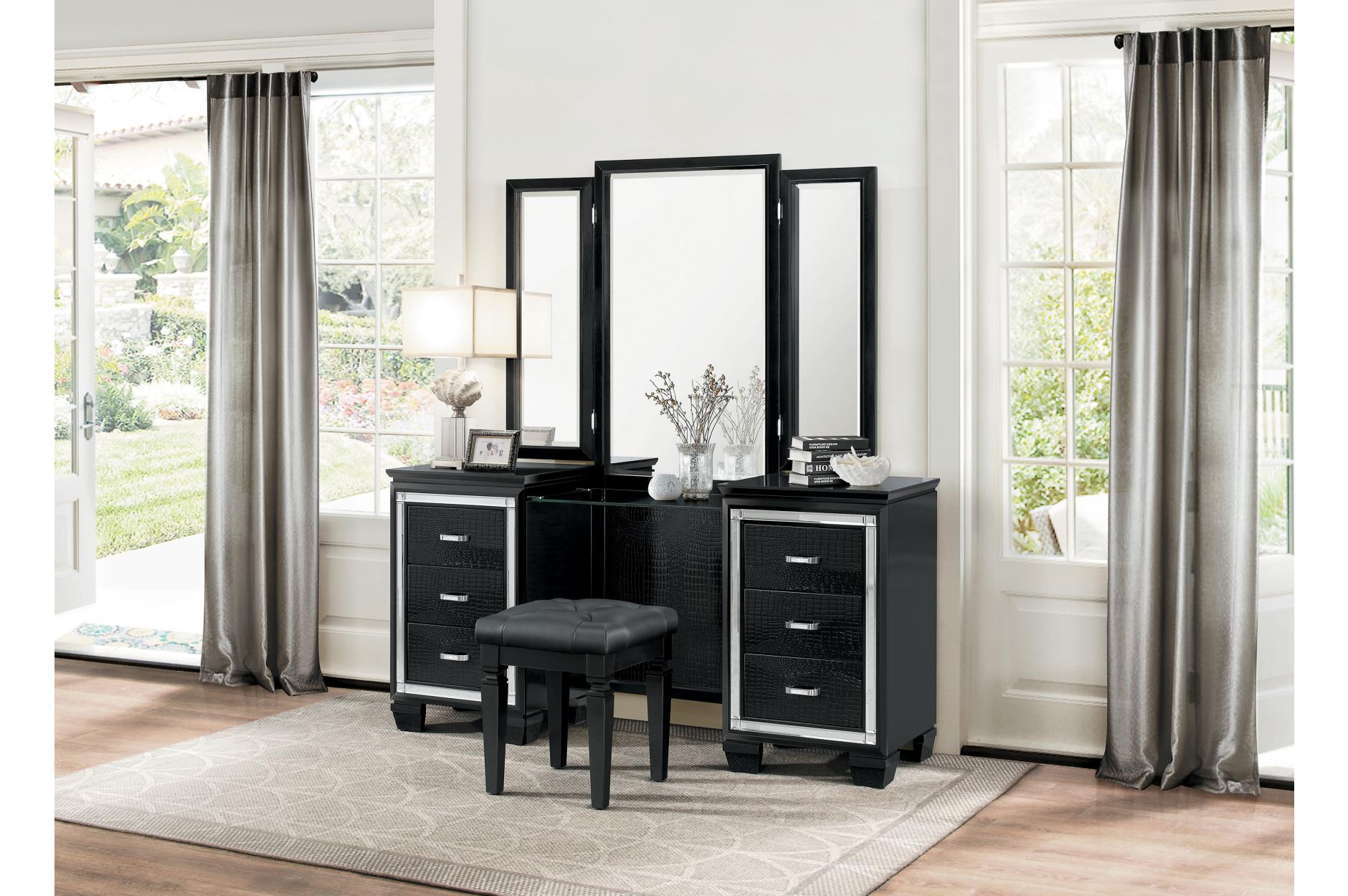 Allura Black Vanity Set with Mirror & Stool - Modern Dressing Table for Bedroom, Makeup Vanity Desk with LED Lights & Storage, Perfect for Women's Beauty Routine & Home Decor