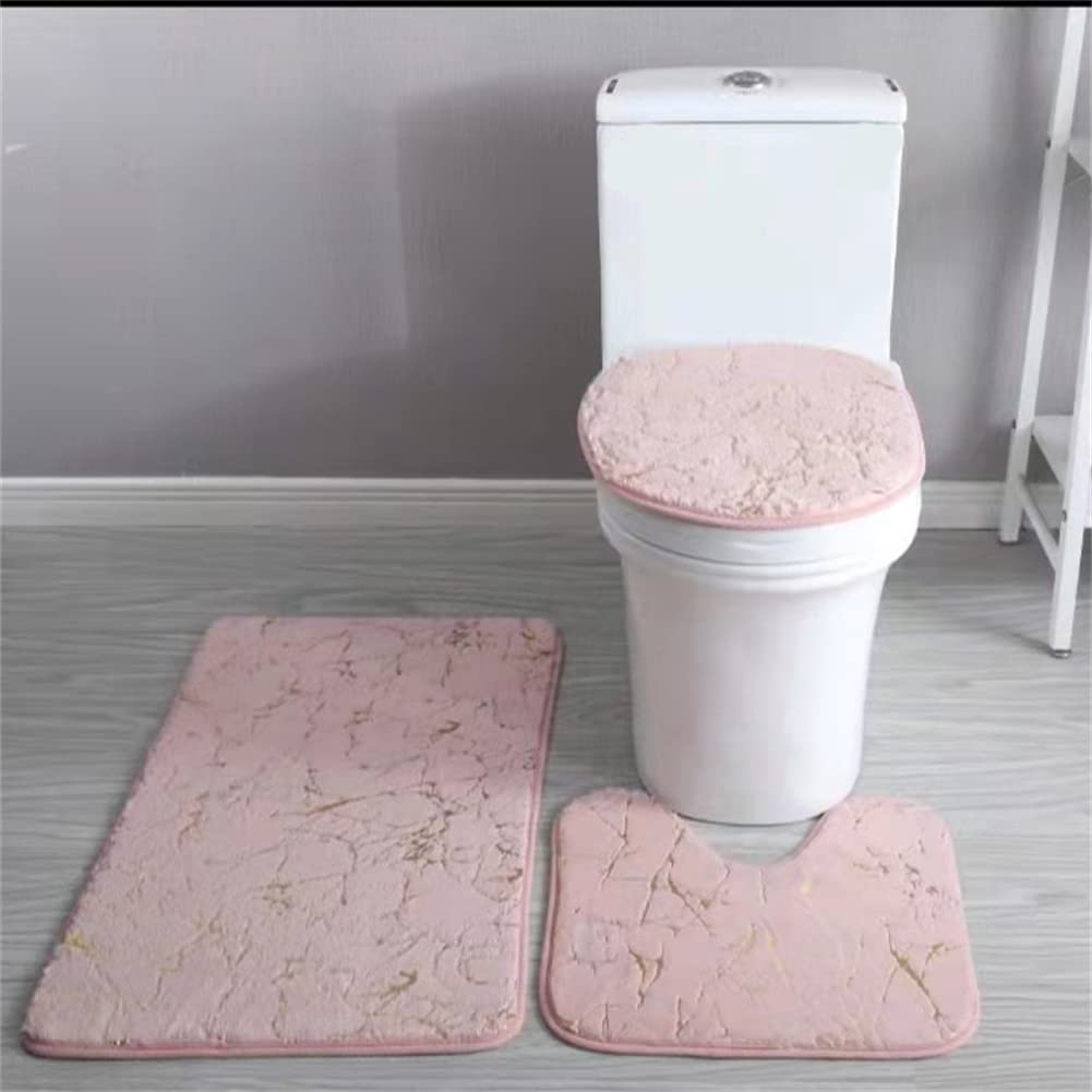 Soft Bronzing Microfiber Bathroom Rug Set - 3 Piece Non-Slip Bath Mat with PVC Backing, Absorbent Contour Mat & Toilet Cover (Pink) - Perfect for Bathroom, Spa & Home Decor