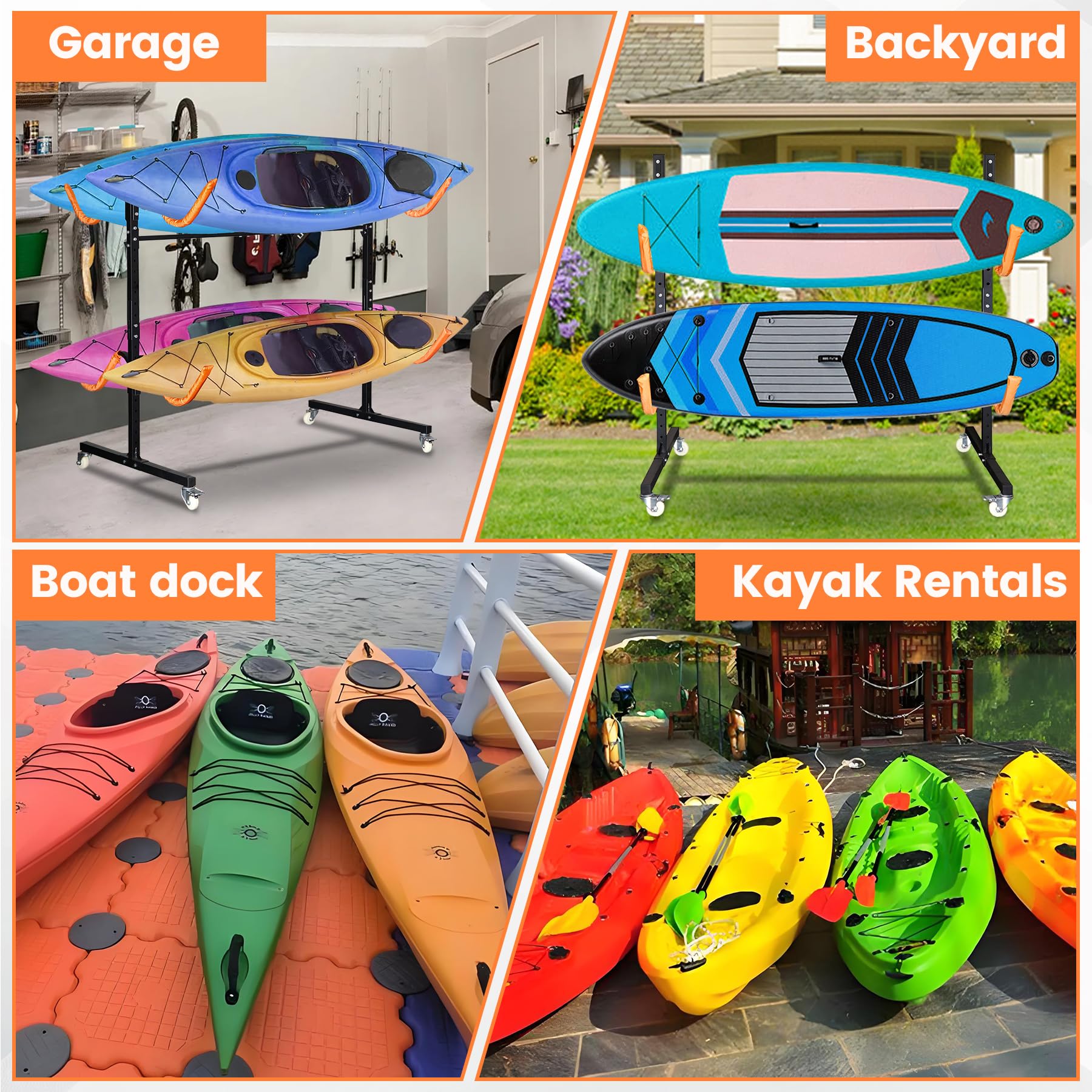 Heavy Duty Freestanding Kayak Storage Rack for 2-4 Kayaks - Adjustable Outdoor Kayak Stand with Wheels for Canoe, SUP & Surfboard | Perfect for Garage, Backyard & Boat Storage Organization