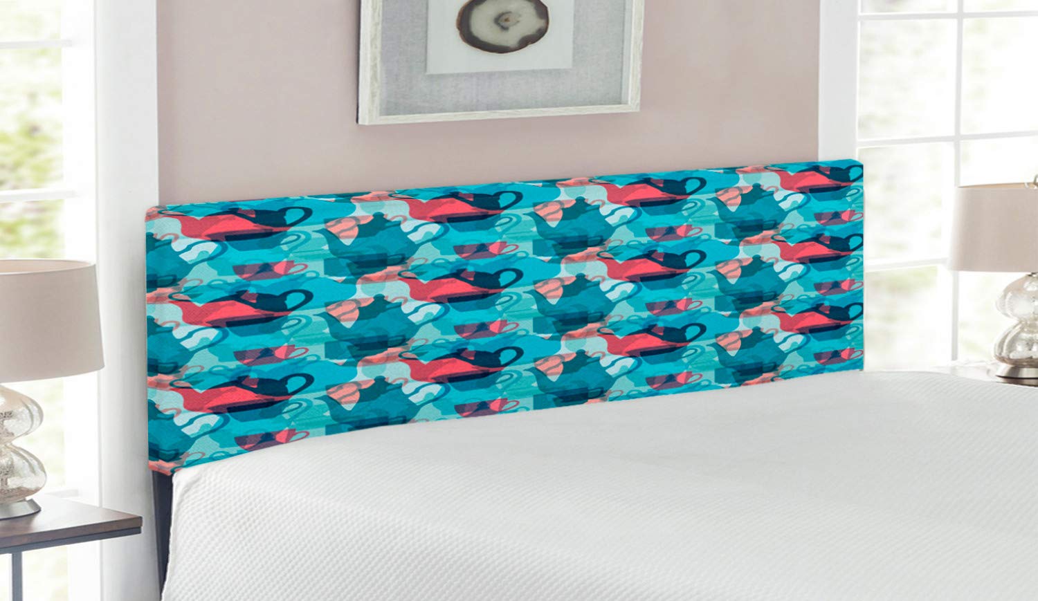 Ambesonne Tea Party Upholstered Headboard - Queen Size Decorative Metal Bed Frame with Memory Foam, Abstract Crockery Design Featuring Teapot and Cups in Dark Coral & Pale Blue - Perfect for Vintage Themed Bedrooms and Cozy Tea Lovers' Retreats