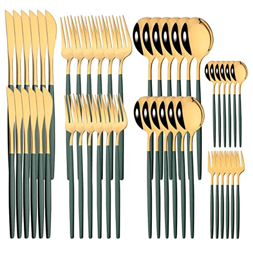 Premium 24/48-Piece Stainless Steel Gold Silverware Set - Elegant Dinner Knives, Forks & Spoons for Formal Dining, Parties & Home Kitchen (48Pcs Green Gold Cutlery Set) - Perfect for Weddings, Restaurants & Holiday Gatherings