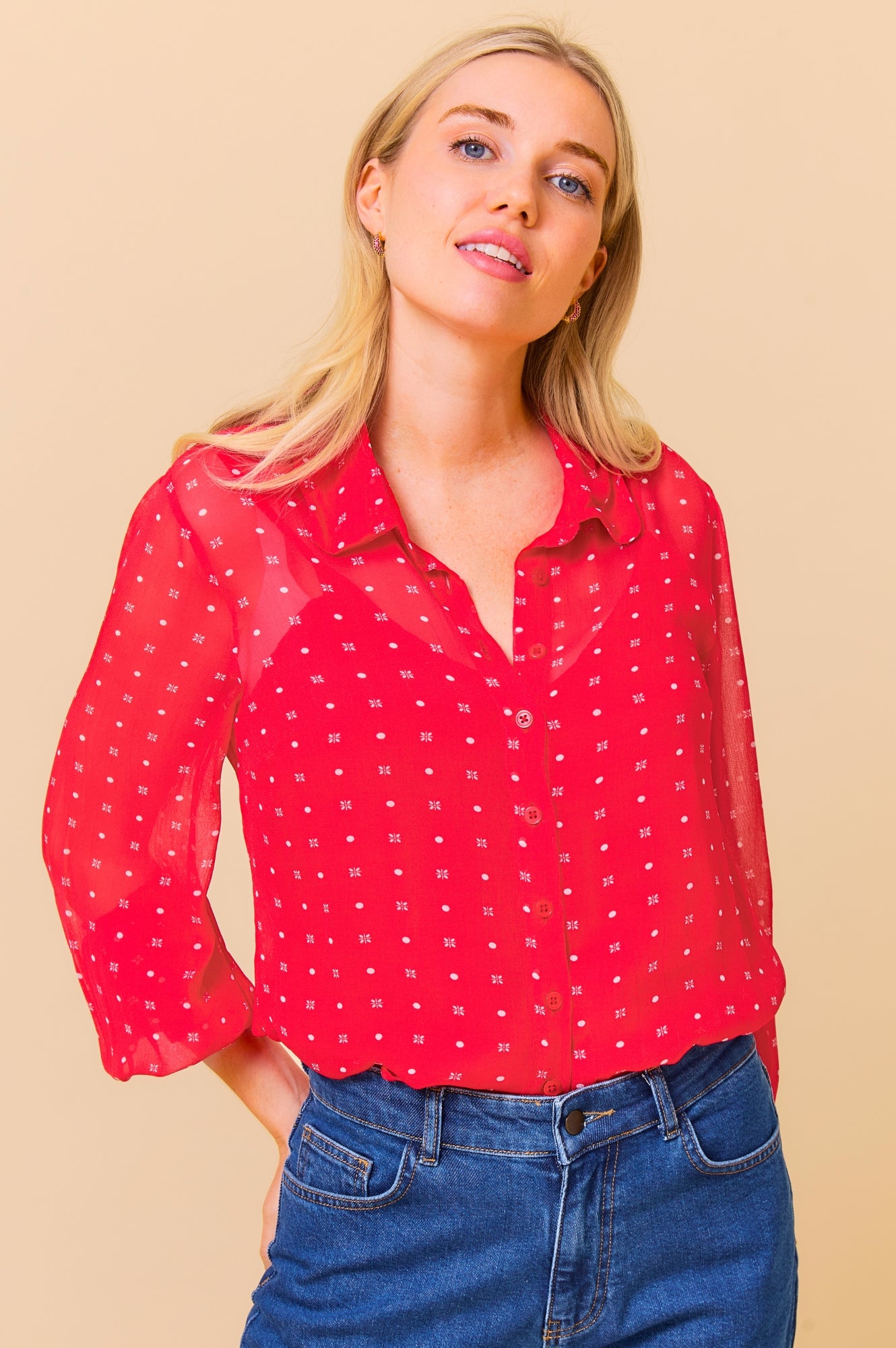 Ffion Women's Polka Dot Blouse - Red & White Floral Print Top for Casual Wear & Office Outfits