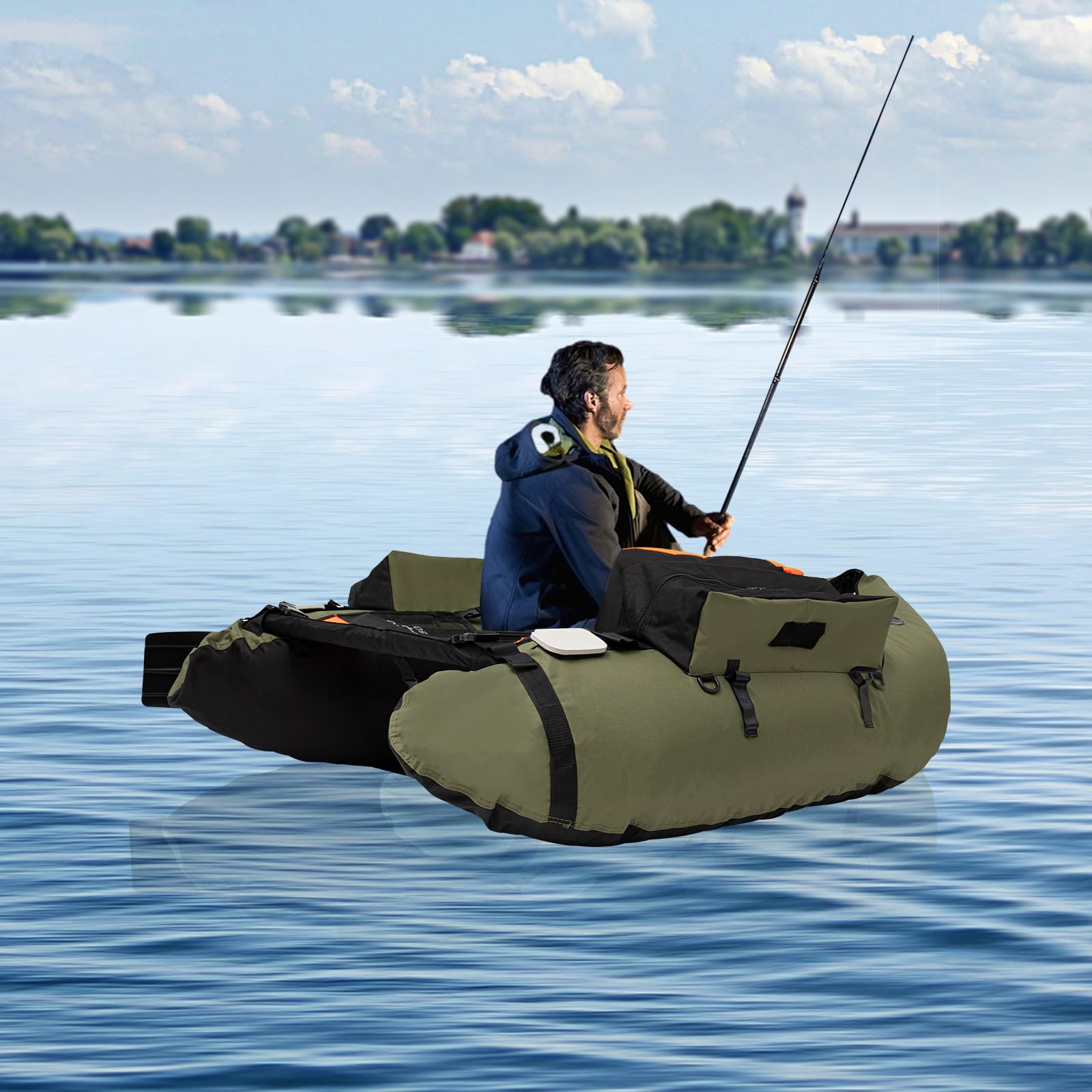 **Inflatable Fishing Float Tube Kit - Portable Outdoor Fishing Boat with Adjustable Backrest, Paddle, Pump & Accessories - 286.6LBS Load Capacity - Perfect for Lakes, Rivers & Saltwater Fishing**