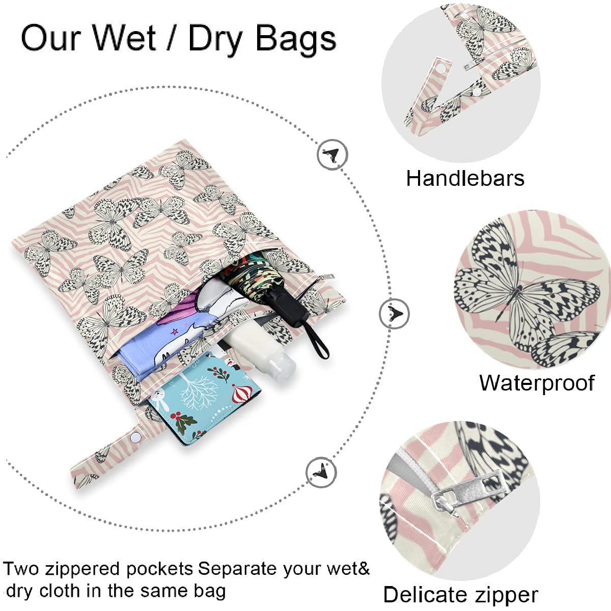 Visesunny Butterfly Zebra Print 2Pcs Wet Bags - Waterproof Reusable Zippered Pockets Diaper Bag for Travel, Beach, Gym & Daycare | Perfect for Strollers, Swimsuits, Toiletries & Dirty Clothes Organization
