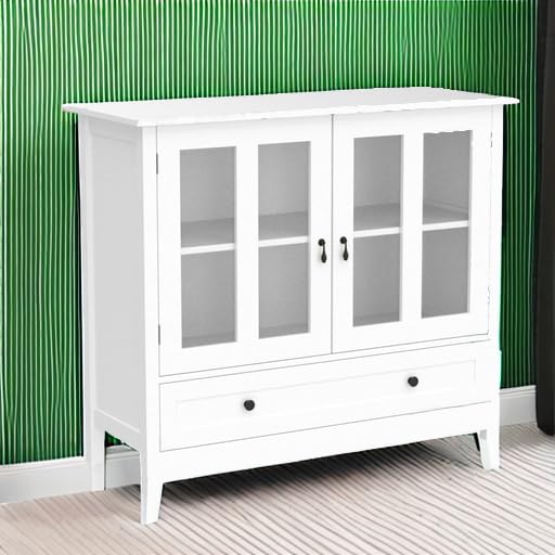 White Buffet Cabinet with Glass Doors & Drawers - Large Storage Sideboard for Dining Room, Living Room & Entryway - Wooden Credenza Console Table with Shelves - Perfect for Kitchen Storage, Pantry Organization & Home Decor Display