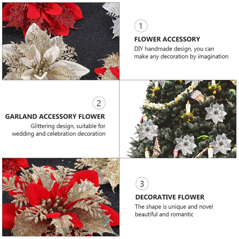 15Pcs Christmas Poinsettias Artificial Flowers - Mini Gold Dust Floral Decor for DIY Garland, Tree, Wreath & Holiday Home Decoration | Perfect for Xmas Party, Mantel, Table Centerpiece