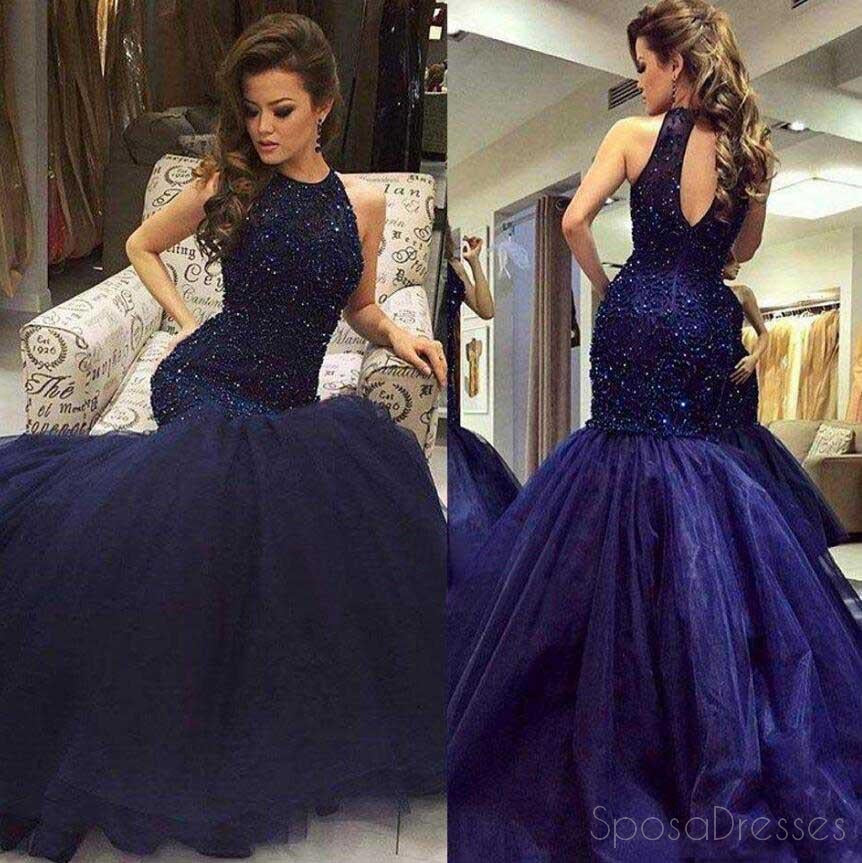 Elegant Navy Blue Halter Neck Mermaid Prom Dress with Beaded Open Back - Perfect for Evening Parties, Formal Dances & Special Occasions