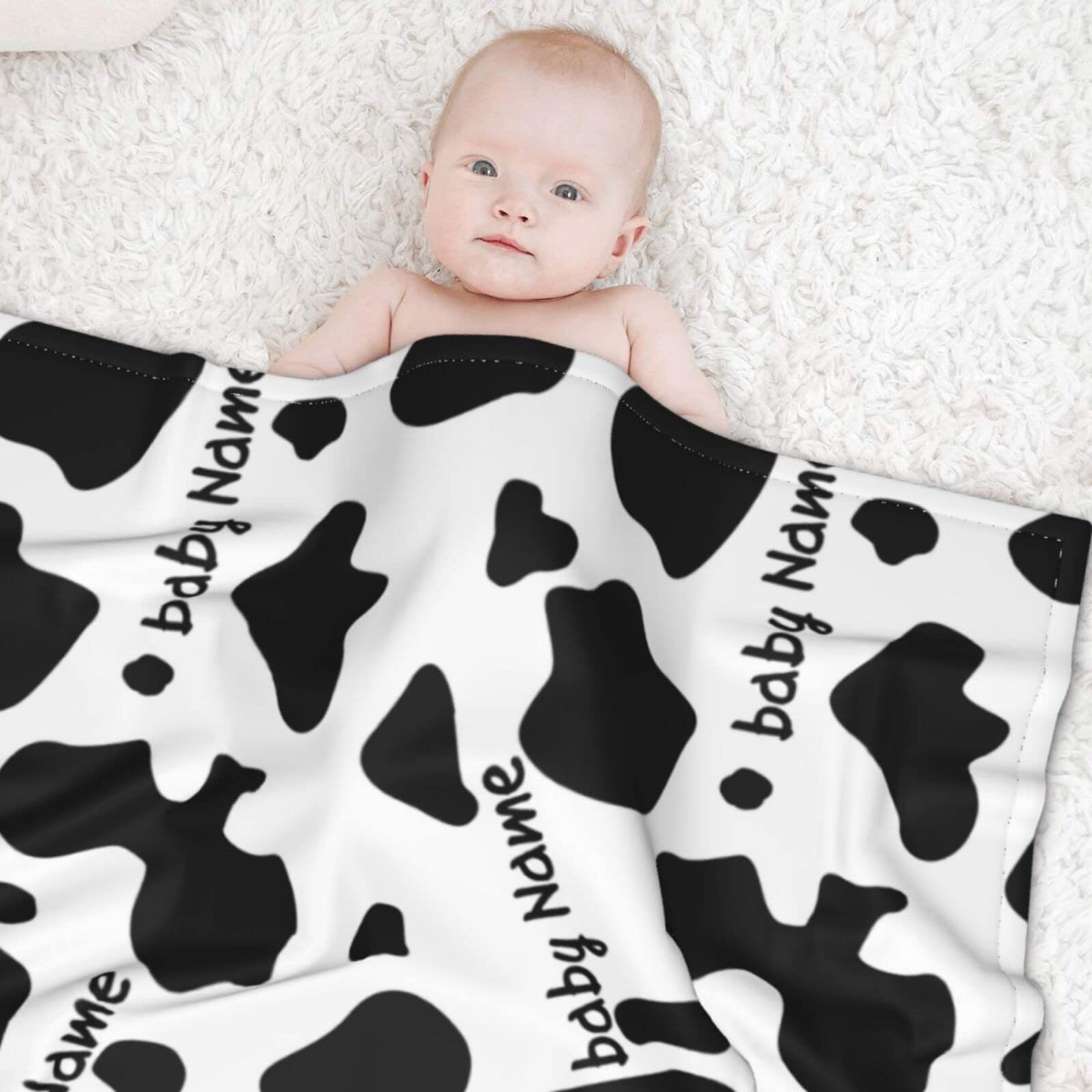 Personalized Baby Blankets with Name - Soft Monogrammed Swaddling Blankets for Newborn Boys & Girls - Custom Unisex Baby Gift for Showers & Birthdays - Cute Milk Cow Design for Nursery, Travel & Photo Shoots