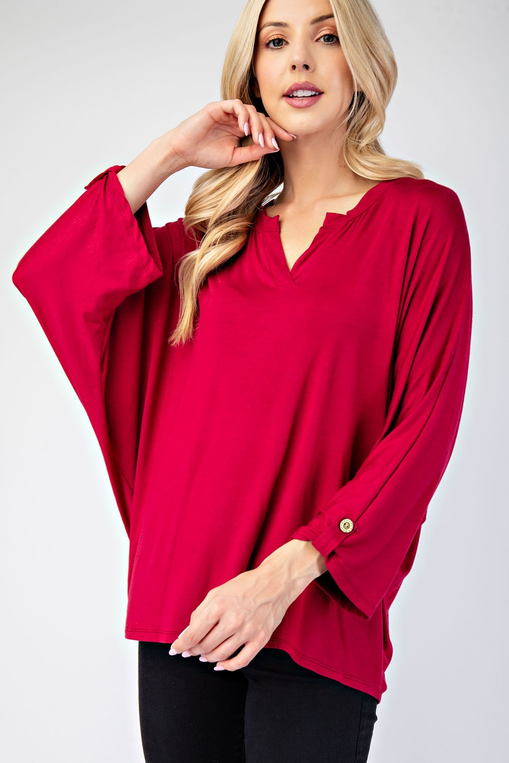 Celeste Women's Full Size Notched Three Quarter Sleeve Blouse - Elegant Office Wear & Casual Outfit