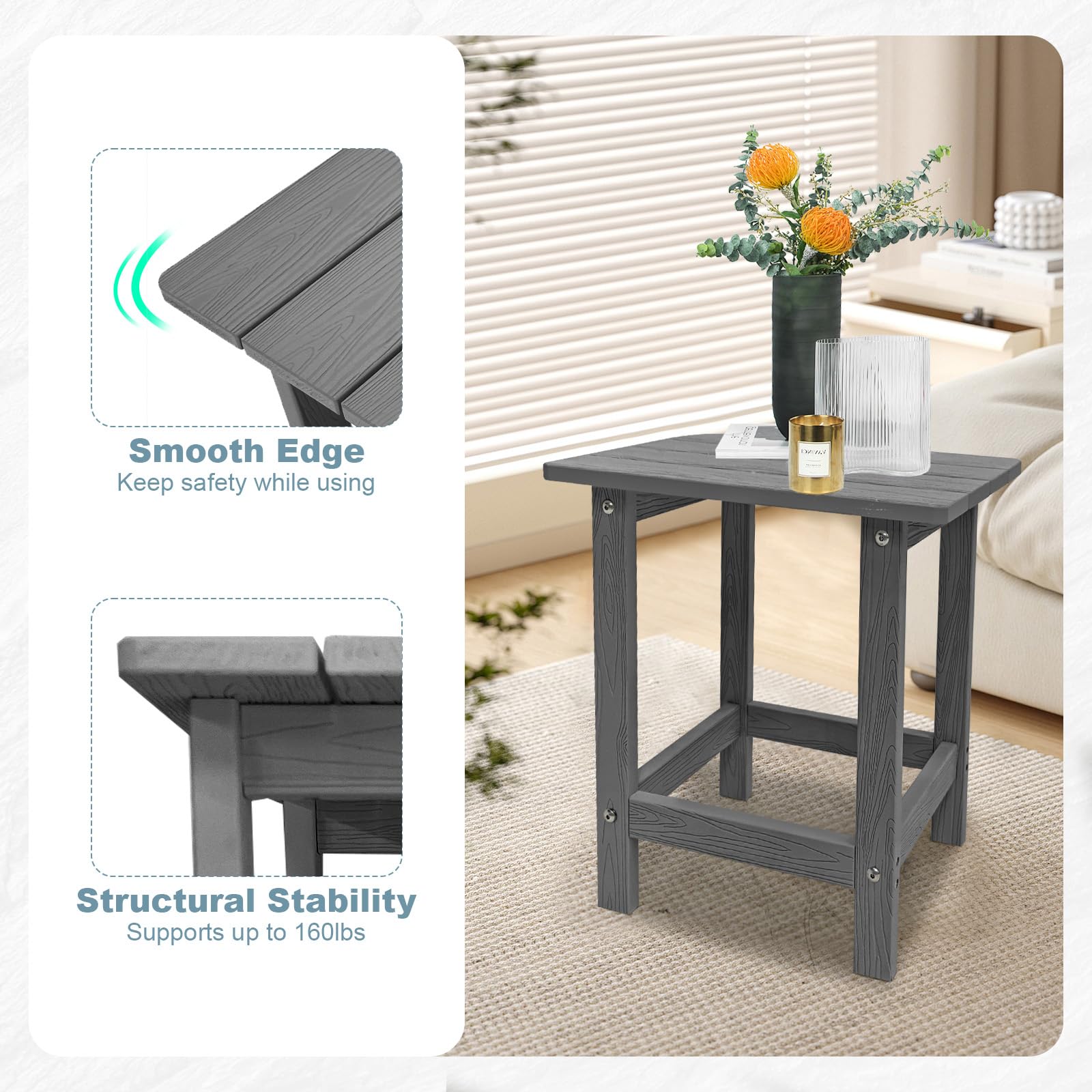 Weather-Resistant HDPS Outdoor Side Table for Adirondack Chairs - Durable Grey End Table for Patio, Pool, Deck, Porch - Perfect for Indoor/Outdoor Use with Drinks & Relaxation