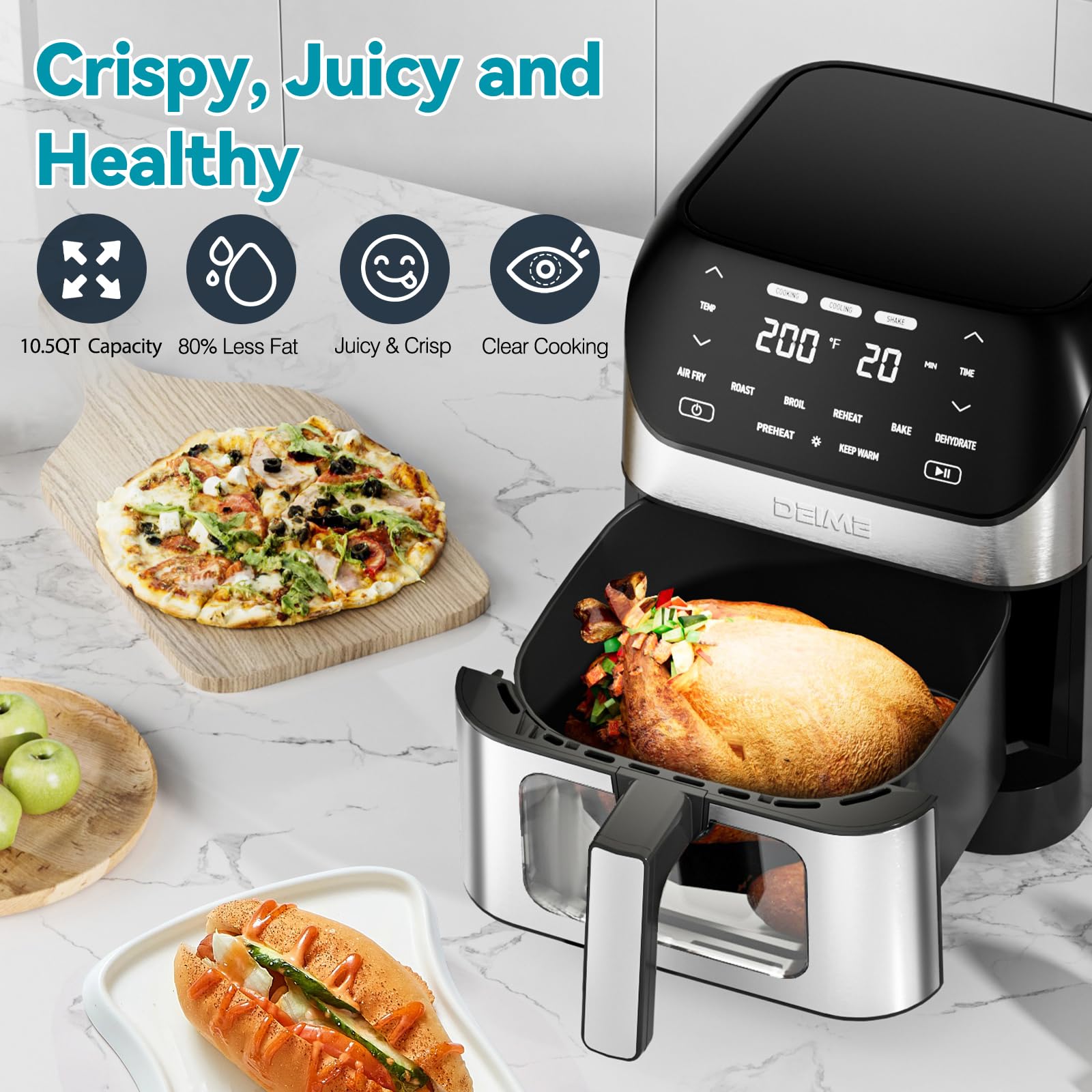 DEIME 10.2 QT Large Capacity Air Fryer - 1700W Oil-Free Healthy Cooker with 10 Presets, Non-Stick Basket & Visual Cooking Window - Perfect for Family Meals, Quick Snacks & Healthy Cooking
