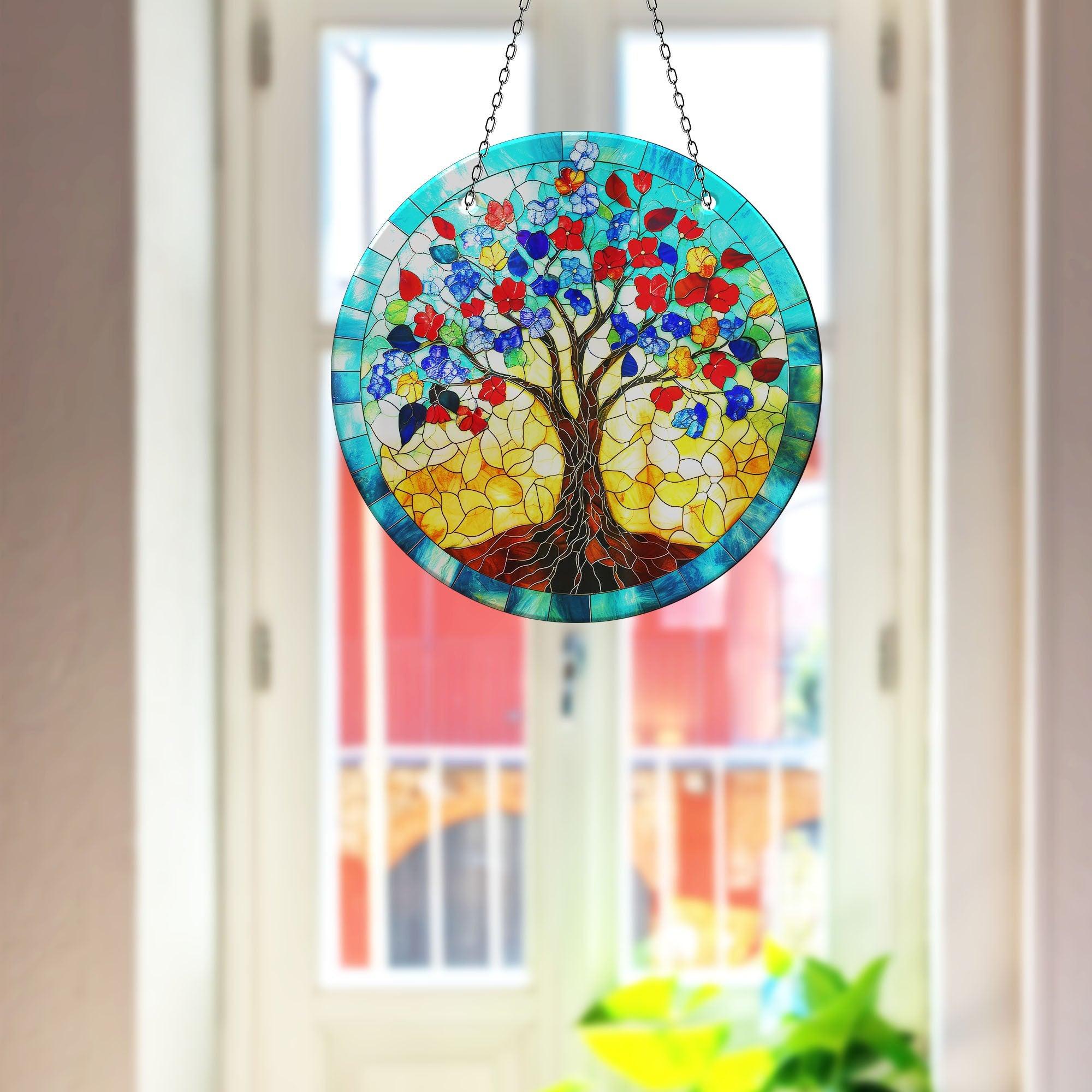 Blue Tree of Life Suncatcher - Handmade Stained Glass Window Decor for Home, Office & Garden - Perfect for Gifts & Spiritual Decorations