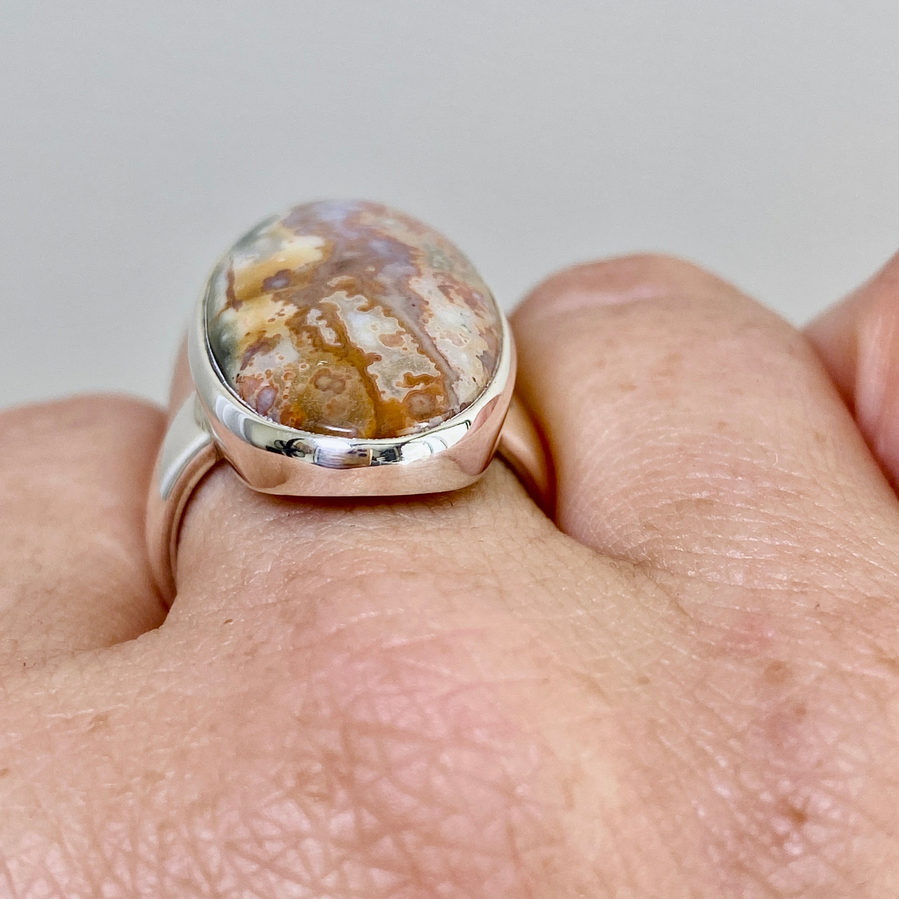 Ocean Jasper Oval Cabochon Ring - Size 9 - Natural Stone Jewelry - Handmade Silver Ring - Unique Gemstone Ring for Women - Perfect for Boho Style, Meditation & Spiritual Healing