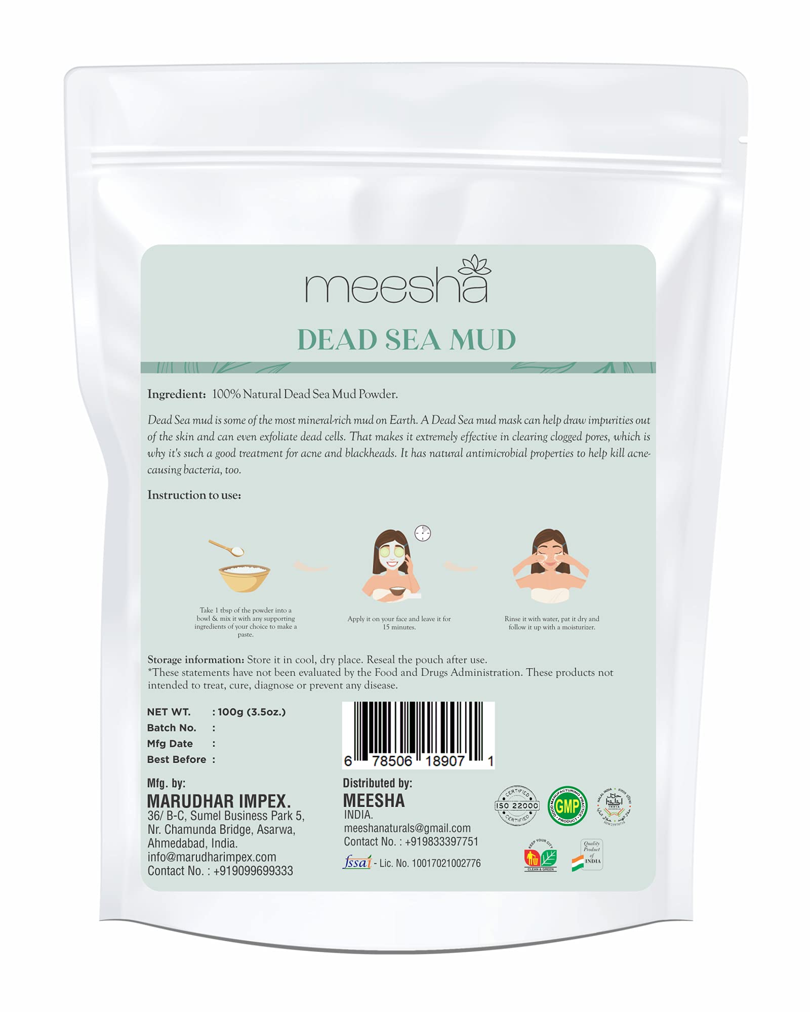 **Meesha Dead Sea Mud Powder - 3.5 oz (100g) | Natural Exfoliating, Detoxifying & Hydrating Clay for DIY Face & Body Masks | Spa & Skincare Treatment | 100% Pure for Glowing Skin - Perfect for Home Spa, Acne Care & Relaxation**