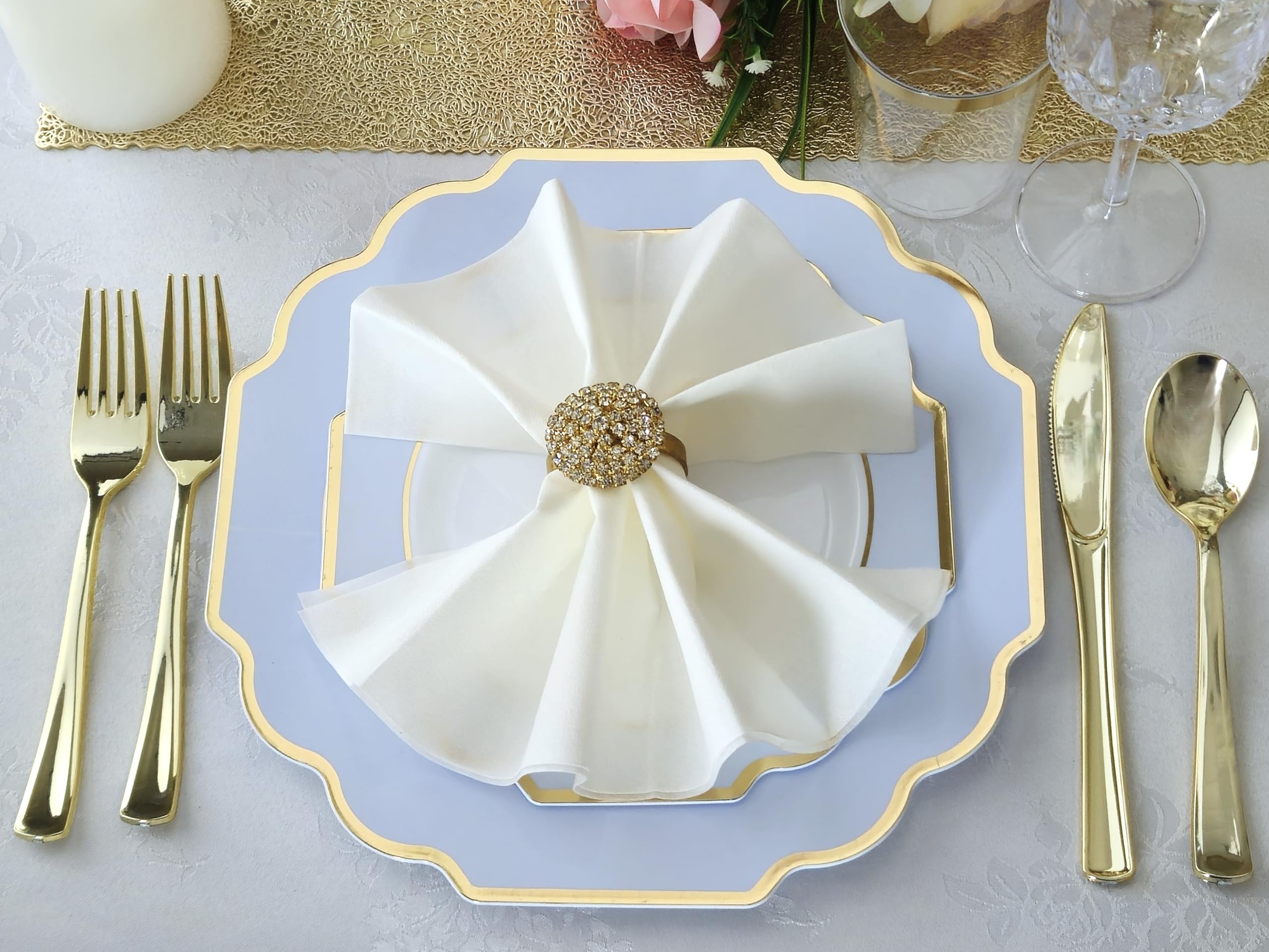 120-Pack Heavyweight Disposable Plastic Plates for Weddings & Parties - 10.5'' Dinner Plates in Elegant White, Blue & Gold - Perfect for Wedding Receptions, Birthday Parties & Special Events