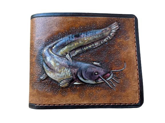 Handmade 3D Genuine Leather Catfish Fishing Wallet for Men - Custom Bifold Tooled Angler Wallet with Airbrush Art - Perfect Gift for Fishermen & Outdoor Enthusiasts