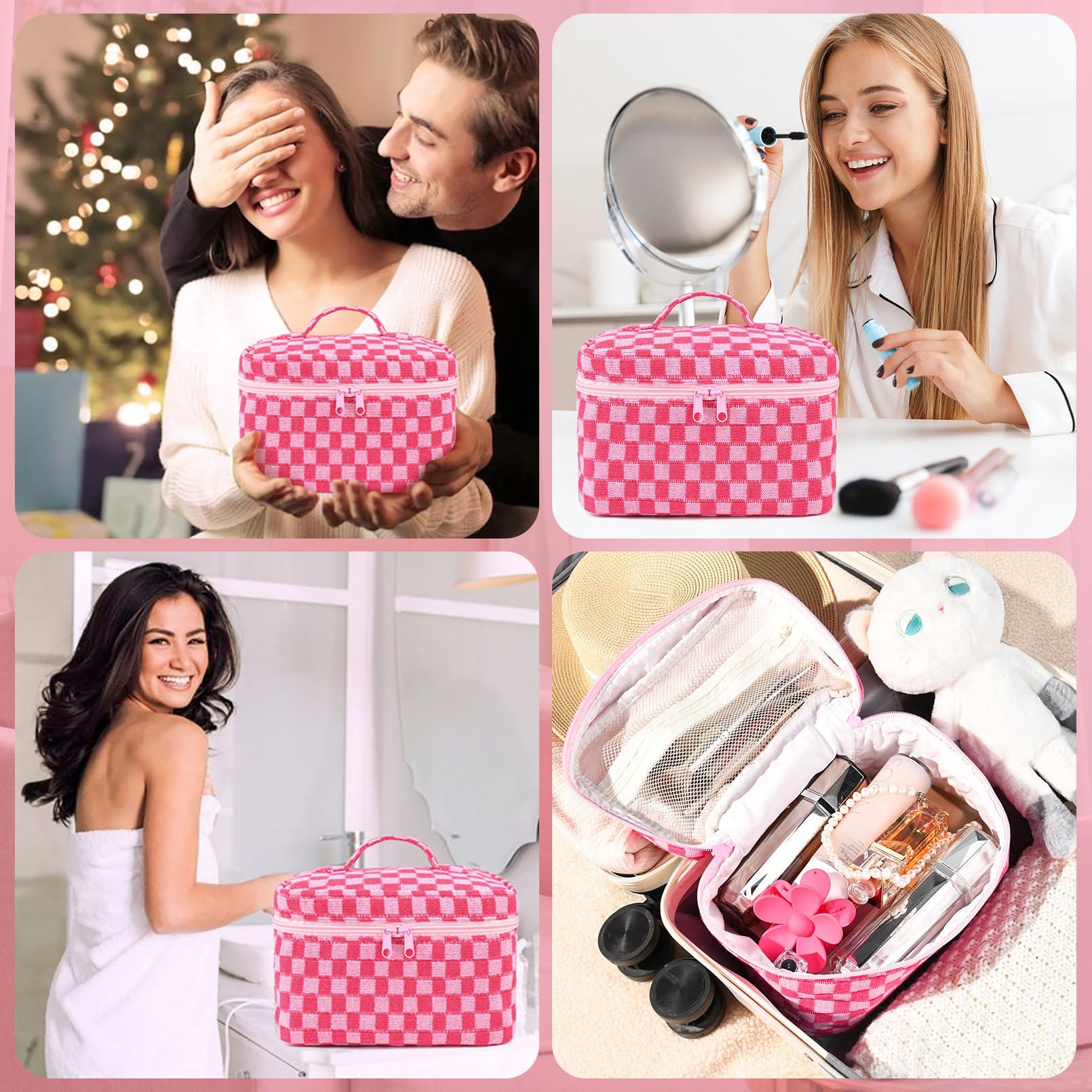 Quilted Makeup Bag for Women - Large Cute Cosmetic Organizer with Checkered Coquette Aesthetic, Perfect Travel Toiletry & Skincare Bag for Girls | Ideal for Travel, Gym, and Daily Beauty Essentials