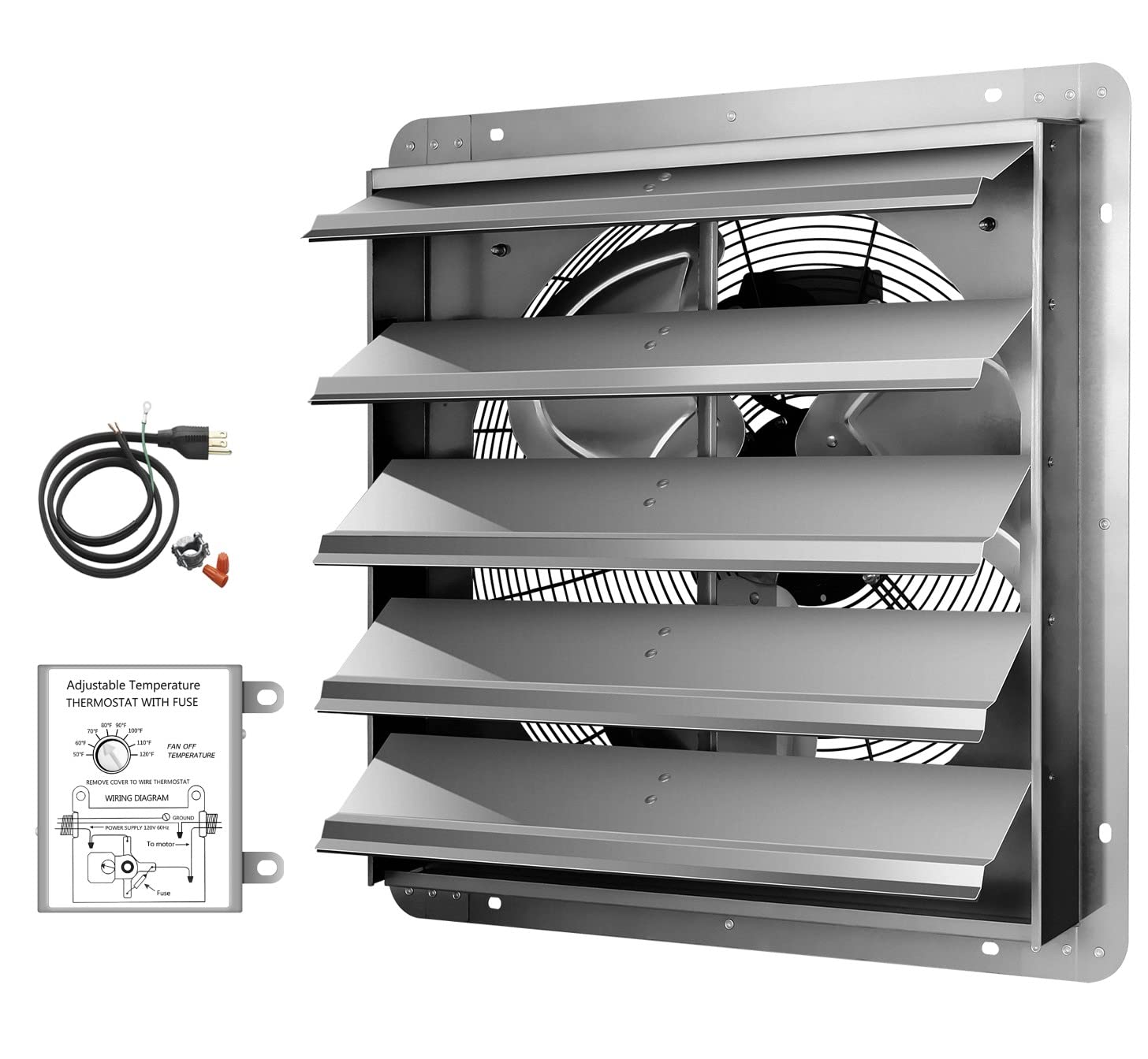 iPower 20 Inch Aluminum Wall Mounted Shutter Exhaust Fan with Temperature Controller - 1200 RPM, 3368 CFM - for Attic, Garage, Greenhouse & Plant Ventilation - Silver | Perfect for Home Cooling, Air Circulation & Humidity Control