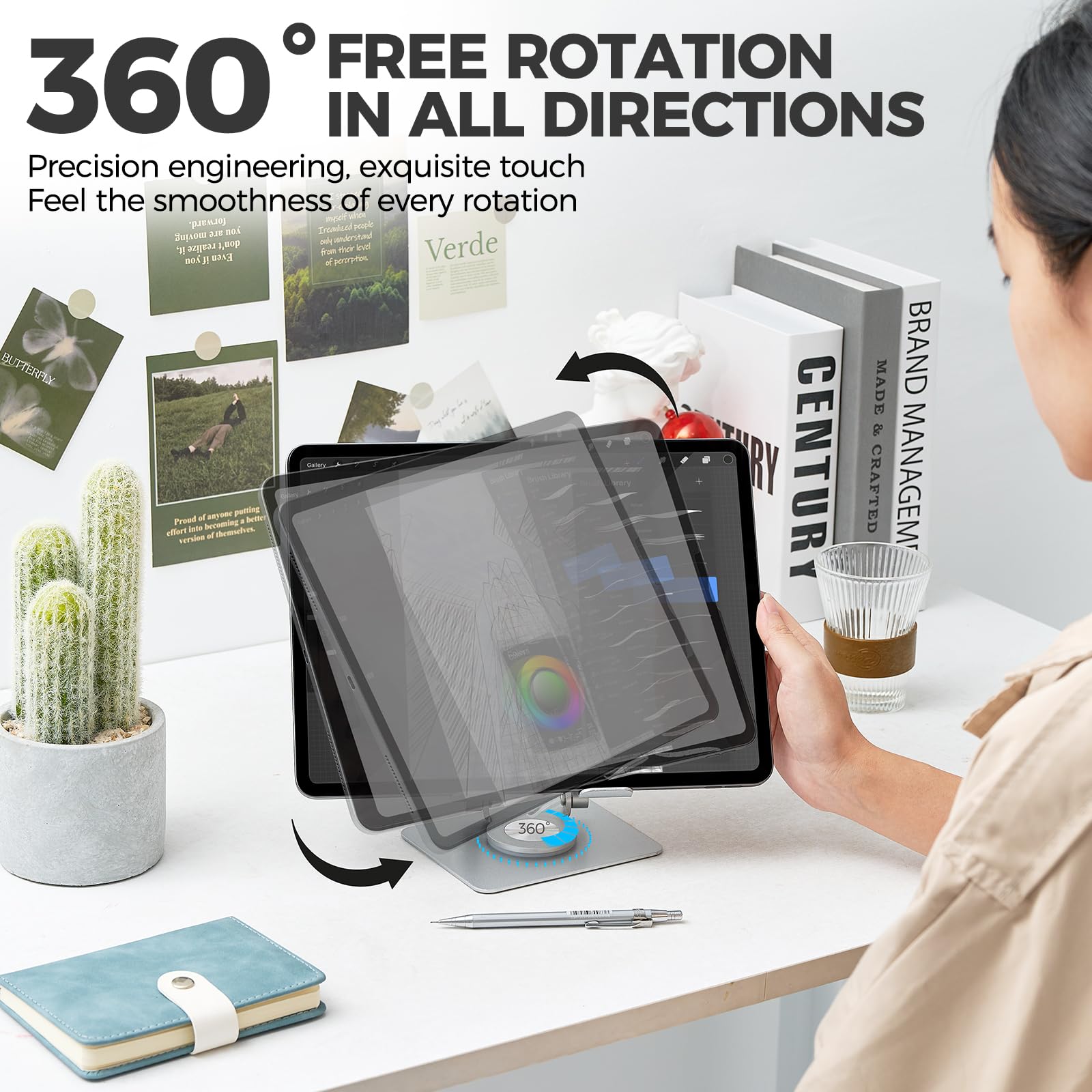 Adjustable & Foldable Tablet Stand for iPad Pro - 360° Rotating Base, Portable Monitor Stand for Desk - Perfect for Office, Home, or Travel (Black) - Ideal for Video Calls, Reading, and Hands-Free Viewing