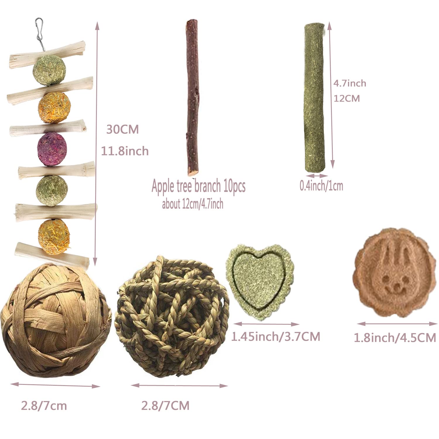 Natural Timothy Hay Sticks & Apple Wood Chews for Rabbits, Guinea Pigs, Chinchillas - Healthy Teeth Chewing Toys for Small Pets - Perfect for Cage Enrichment and Dental Care