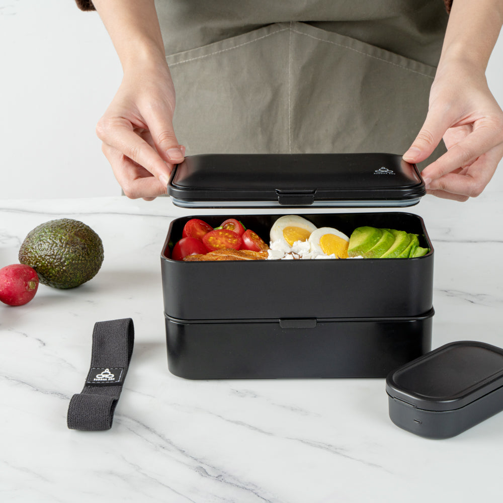 Bento Tek 41 oz Black Buddha Box - All-in-One Lunch Container with Utensils & Sauce Cup (7.25
