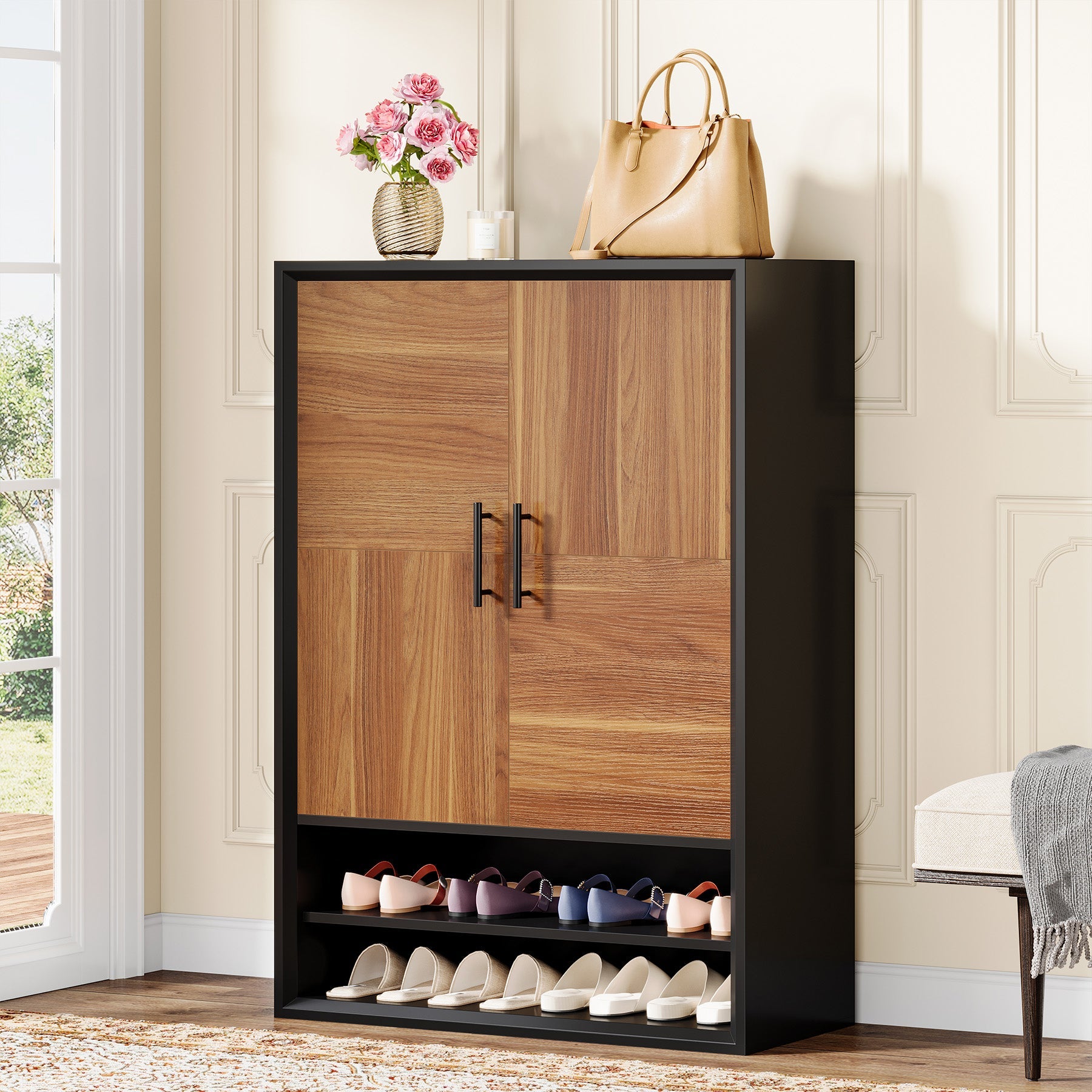 43 Inch Shoe Cabinet with 6 Tier Adjustable Shelves & Doors - Space Saving Shoe Storage Organizer for Entryway, Closet, or Bedroom