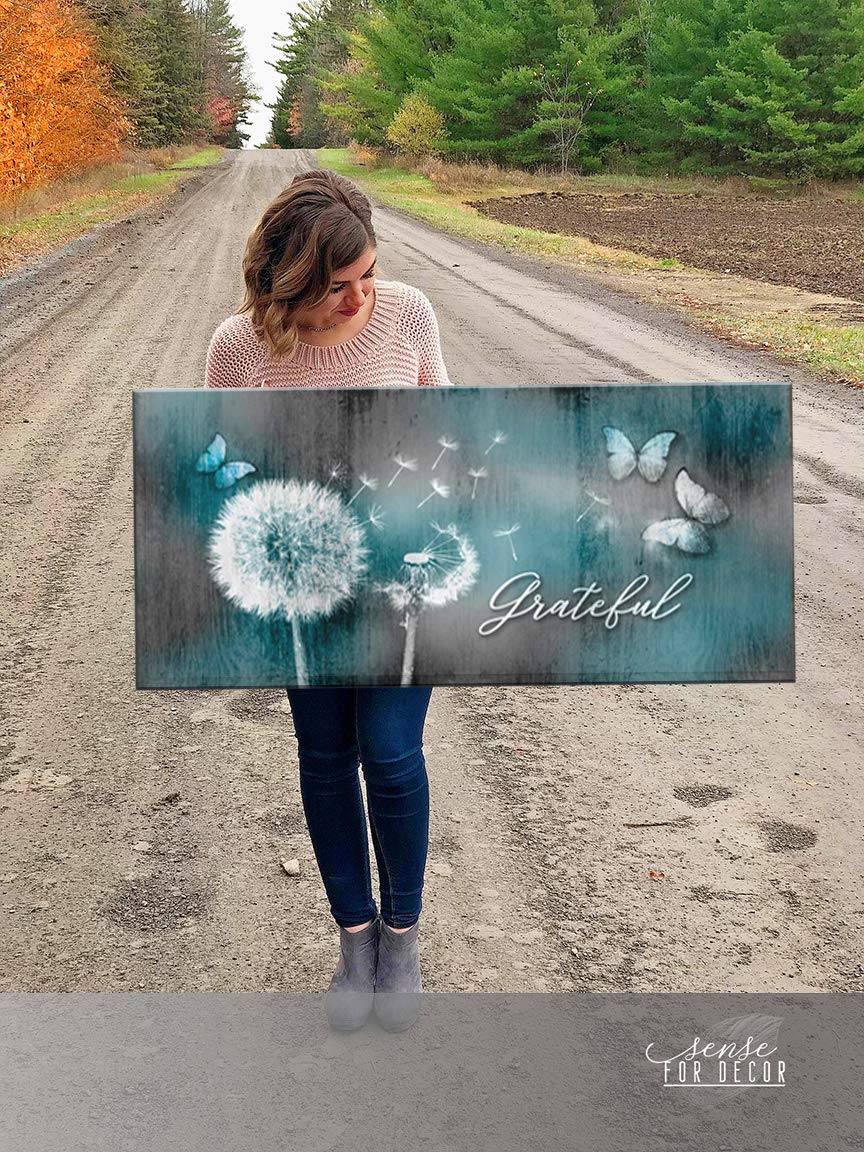 Grateful Dandelions & Butterfly Wall Art - Rustic Bedroom Decor Pictures for Walls (60x27, Teal) | Perfect for Boho Home Decor, Living Room & Nursery Wall Art