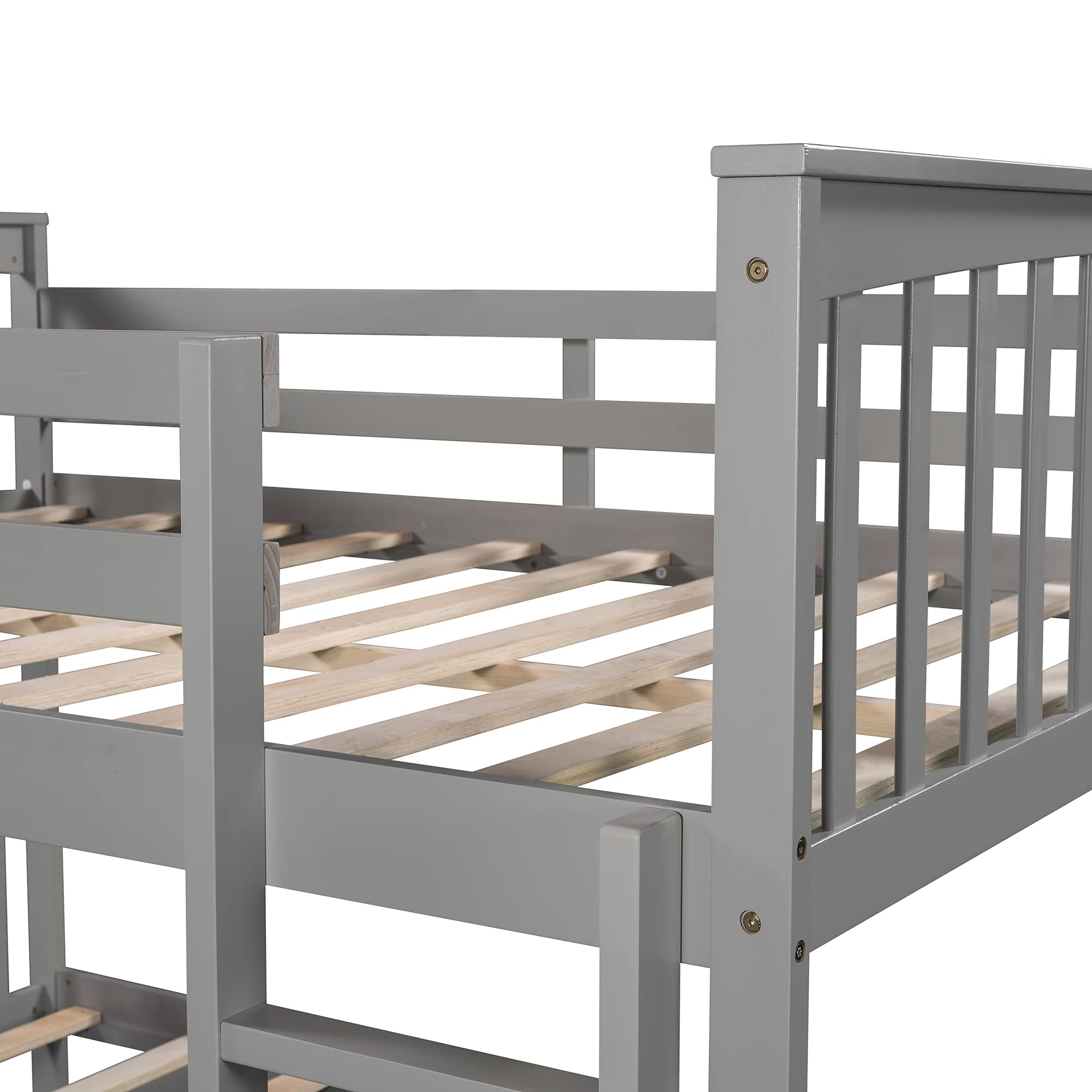 Solid Wood Full Over Full Bunk Bed Frame with Guard Rails & Ladder - Convertible to 2 Twin Beds for Kids, Teens & Adults - No Box Spring Needed - Space-Saving Grey Bunk Bed for Bedrooms, Dorms & Guest Rooms