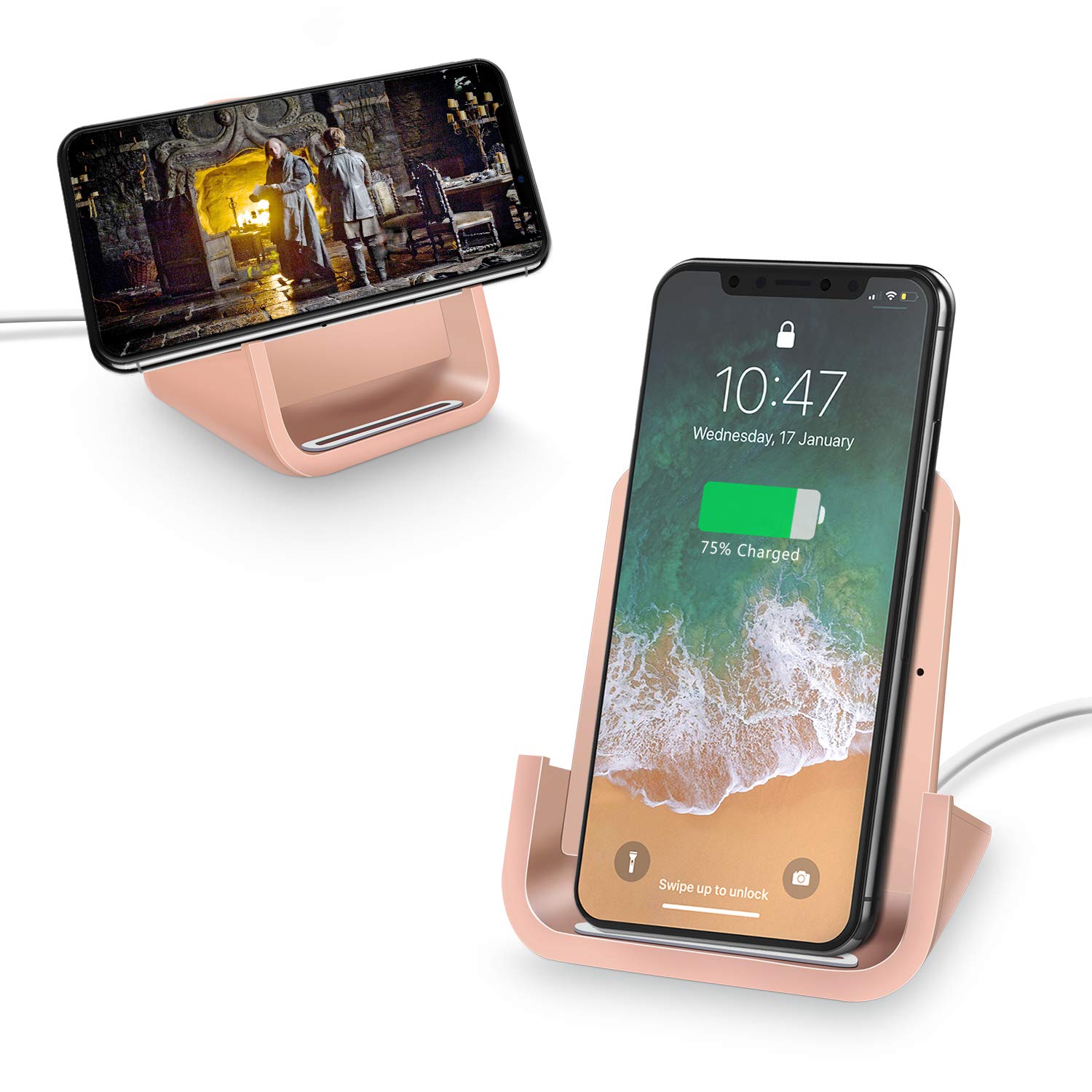 YUWISS Wireless Charging Stand - 10W/7.5W/5W Fast Qi-Certified Charger for iPhone 14/13/12/11/X Series & Galaxy S22/S21/S9/S8/Note - Rose Gold | Perfect for Bedside, Office & Car Charging