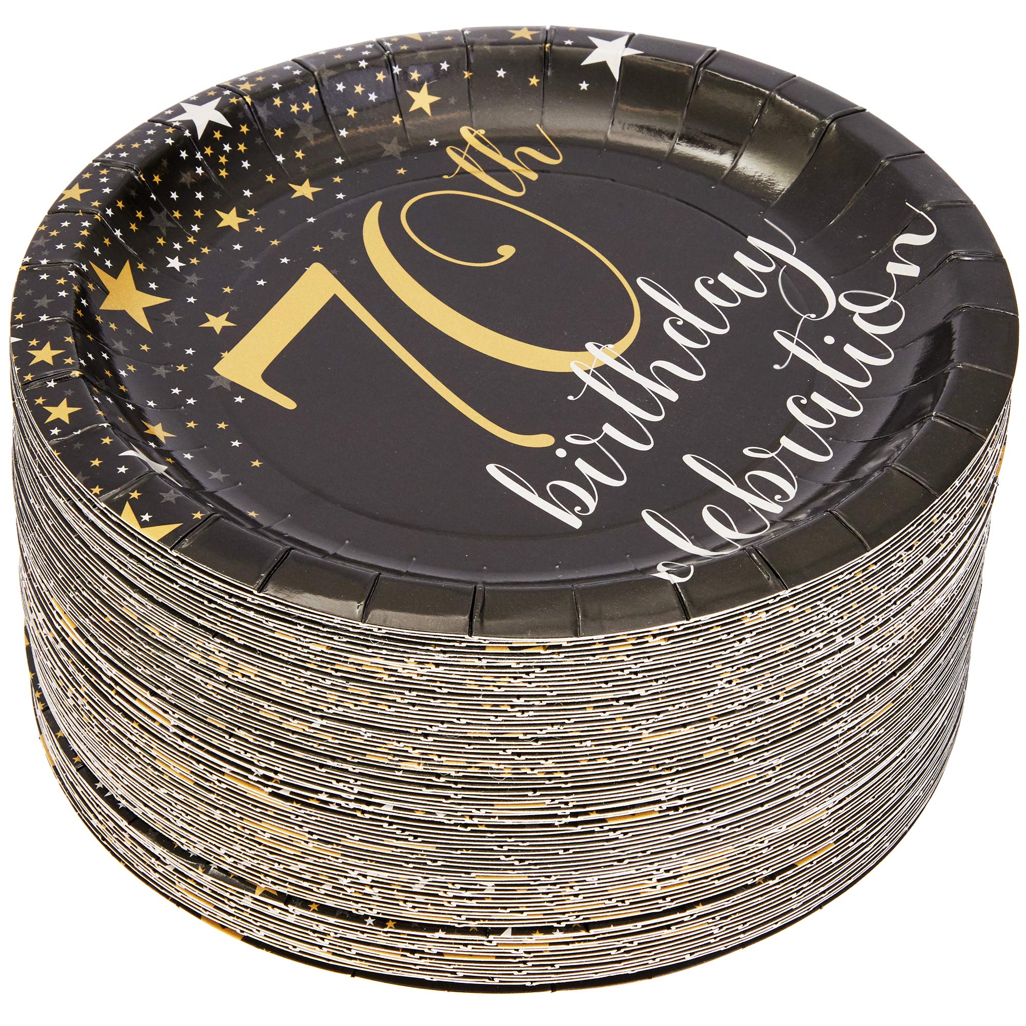 BLUE PANDA 80-Count 70th Birthday Party Plates - 7 Inch Disposable Paper Plates for Anniversary Celebration, Black Dinnerware - Perfect for Birthday Parties, Retirement Celebrations & Milestone Events