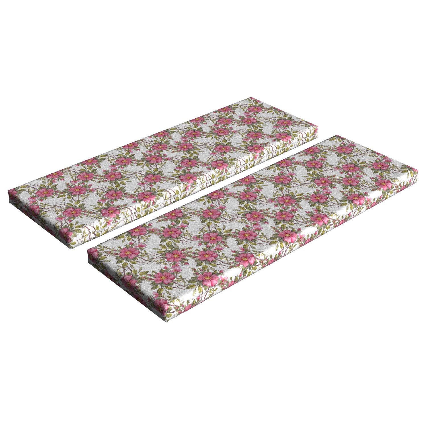 Ambesonne 2-Piece Flower Bench Cushion Set - Watercolor Dog Rose Garden Design with Leaves & Buds, Standard Size 45