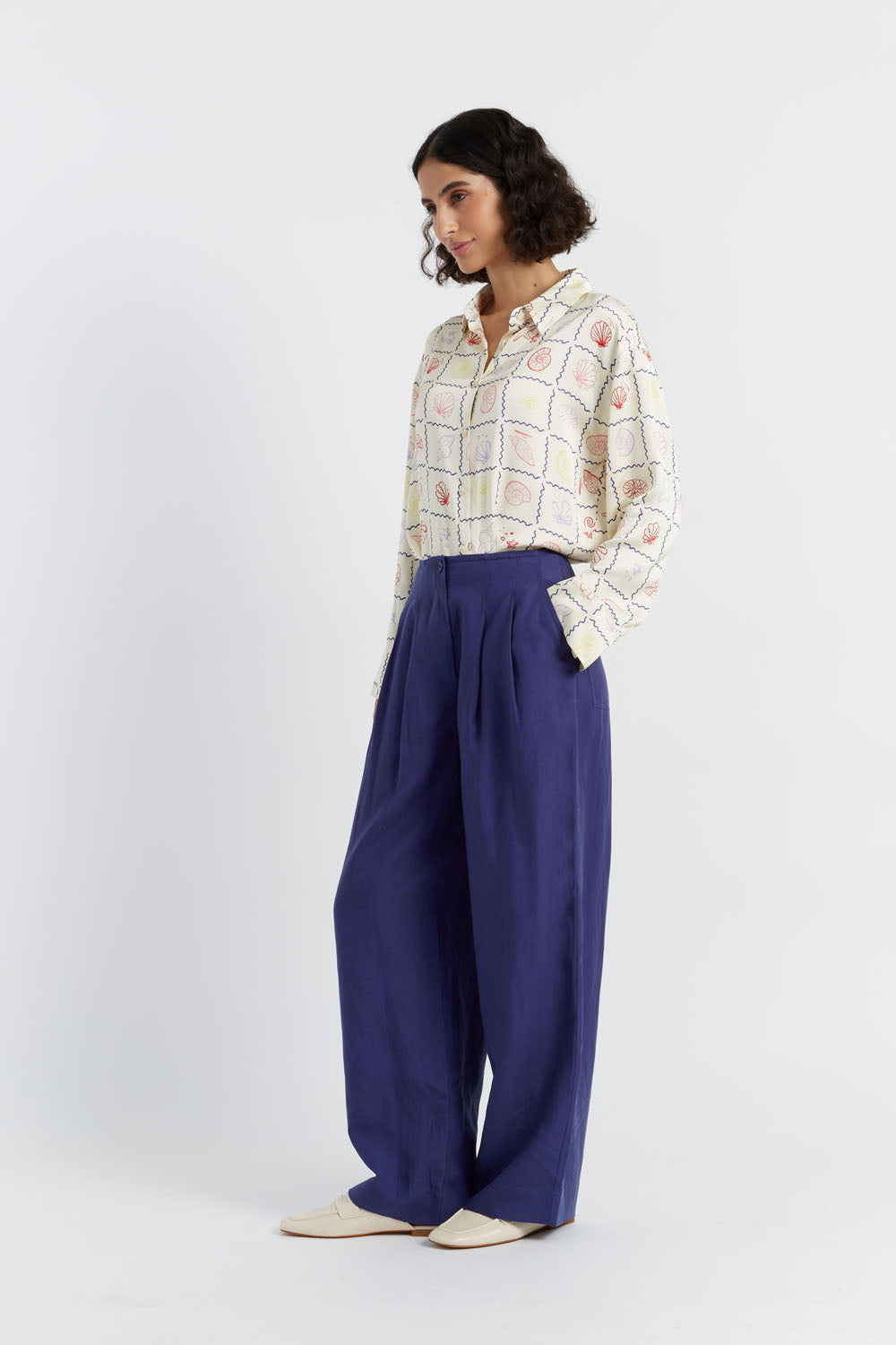 Blue Tencel Linen Pleated Pants for Women - Comfortable High Waisted Wide Leg Trousers for Office, Travel & Casual Wear