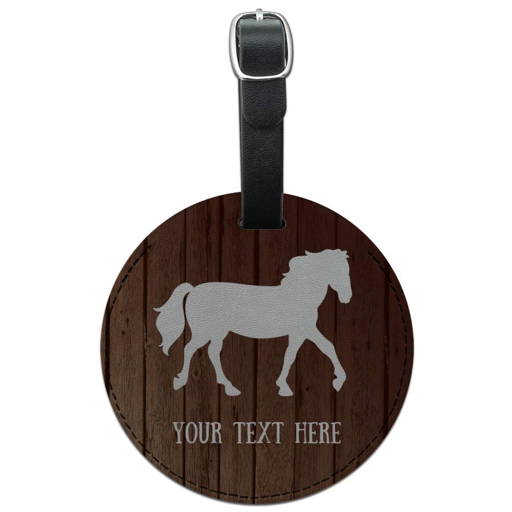 Custom Engraved Wooden Round Leather Luggage Tag with Horse Silhouette - Personalized ID Card Holder for Travel Bags, Suitcases & Backpacks | Perfect for Equestrian Lovers & Frequent Travelers
