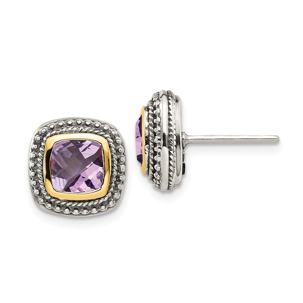 14K Amethyst 925 Sterling Silver Bezel Post Earrings for Women - 11x11mm Polished Stud Earrings - Elegant Jewelry Gift for Birthday, Anniversary & Special Occasions