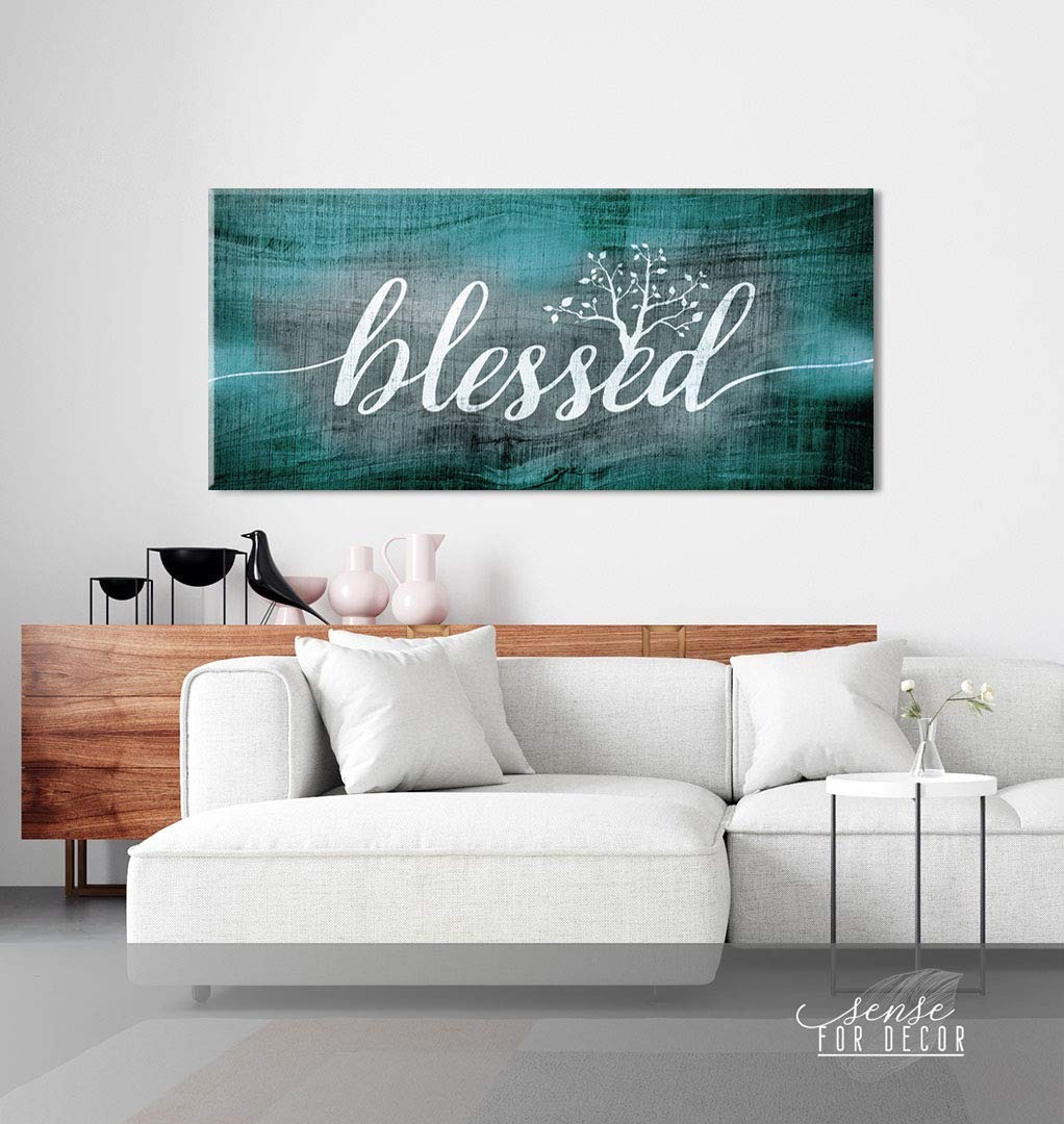 Christian Wall Art - Blessed Sign & Thankful Quotes Religious Wall Decor | 42x19 Inch Teal Blessed Word Sign | Perfect for Home, Church & Office Inspirational Decor