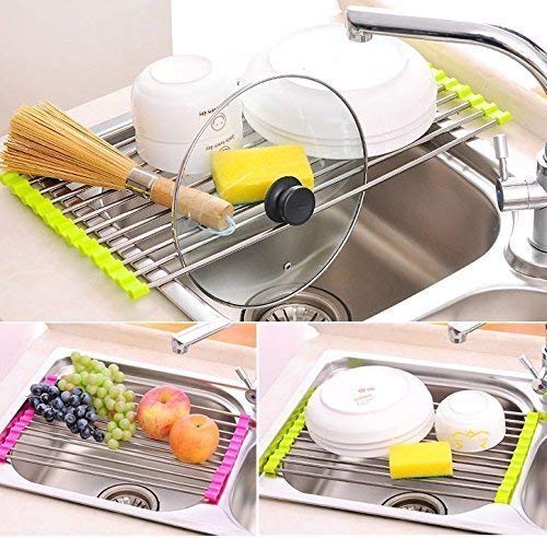 KPS Foldable Stainless Steel & Rubber Dish Drying Rack - Space Saving Kitchen Sink Organizer for Plates, Bowls & Utensils | Perfect for Small Kitchens, RV Living & Camping