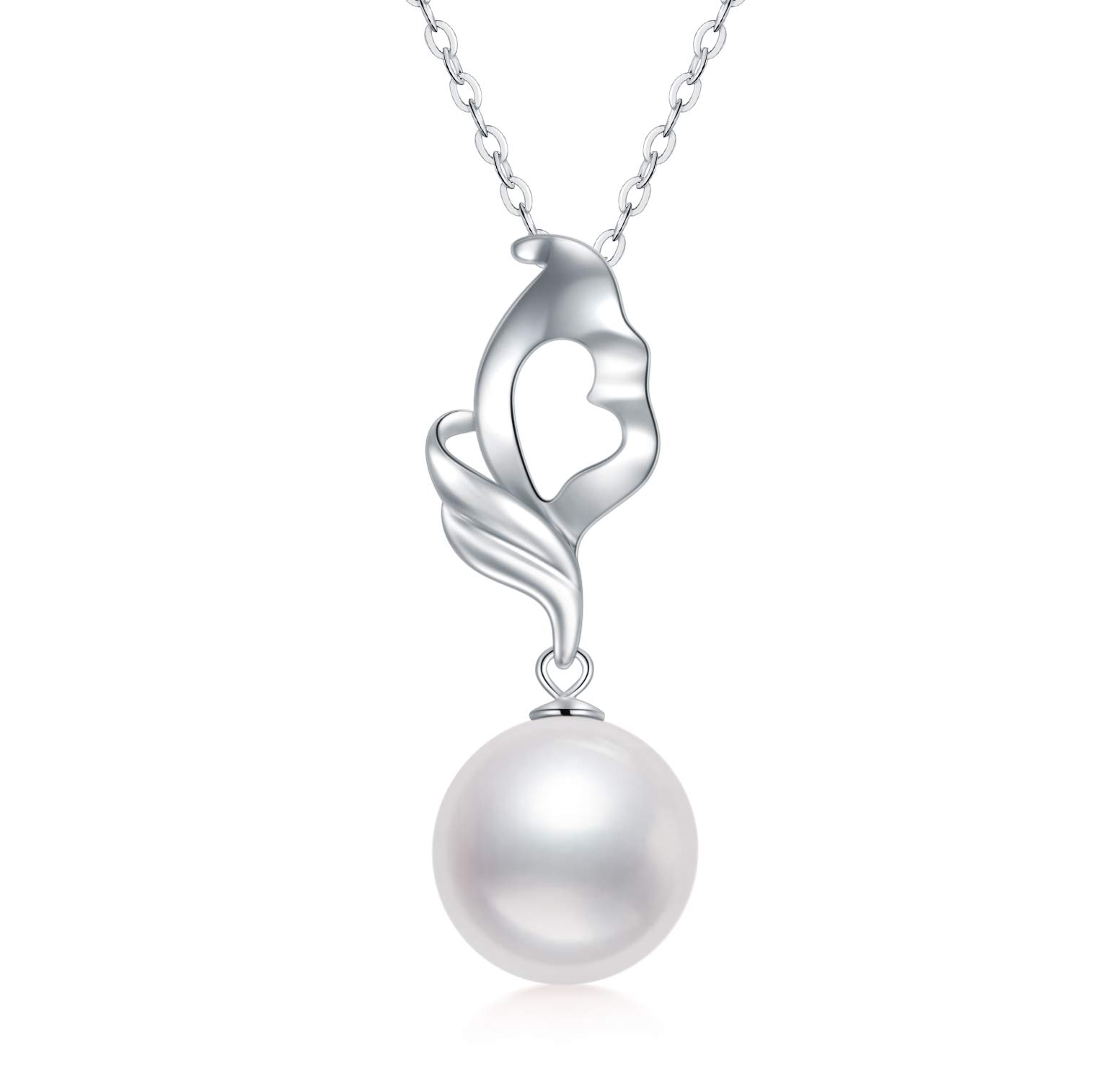 14K Solid Gold Pearl Necklace for Women - Elegant White Gold Heart Wave Pendant, Valentine's Day Jewelry Gift for Her, Mom, Wife - Perfect for Birthday, Anniversary & Special Occasions (16