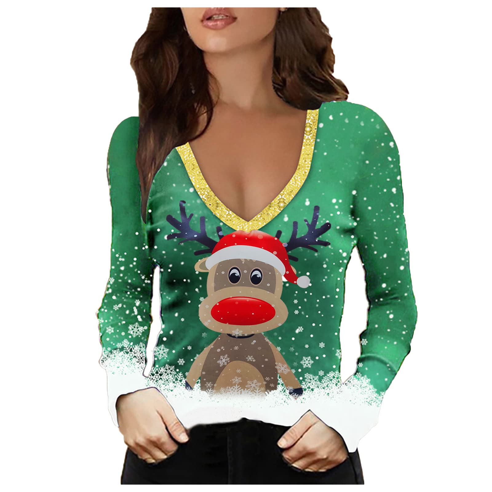 Festive Christmas Graphic Tee for Women - V-Neck Long Sleeve Casual Blouse | Holiday Party Outfit, Family Gathering & Winter Fashion