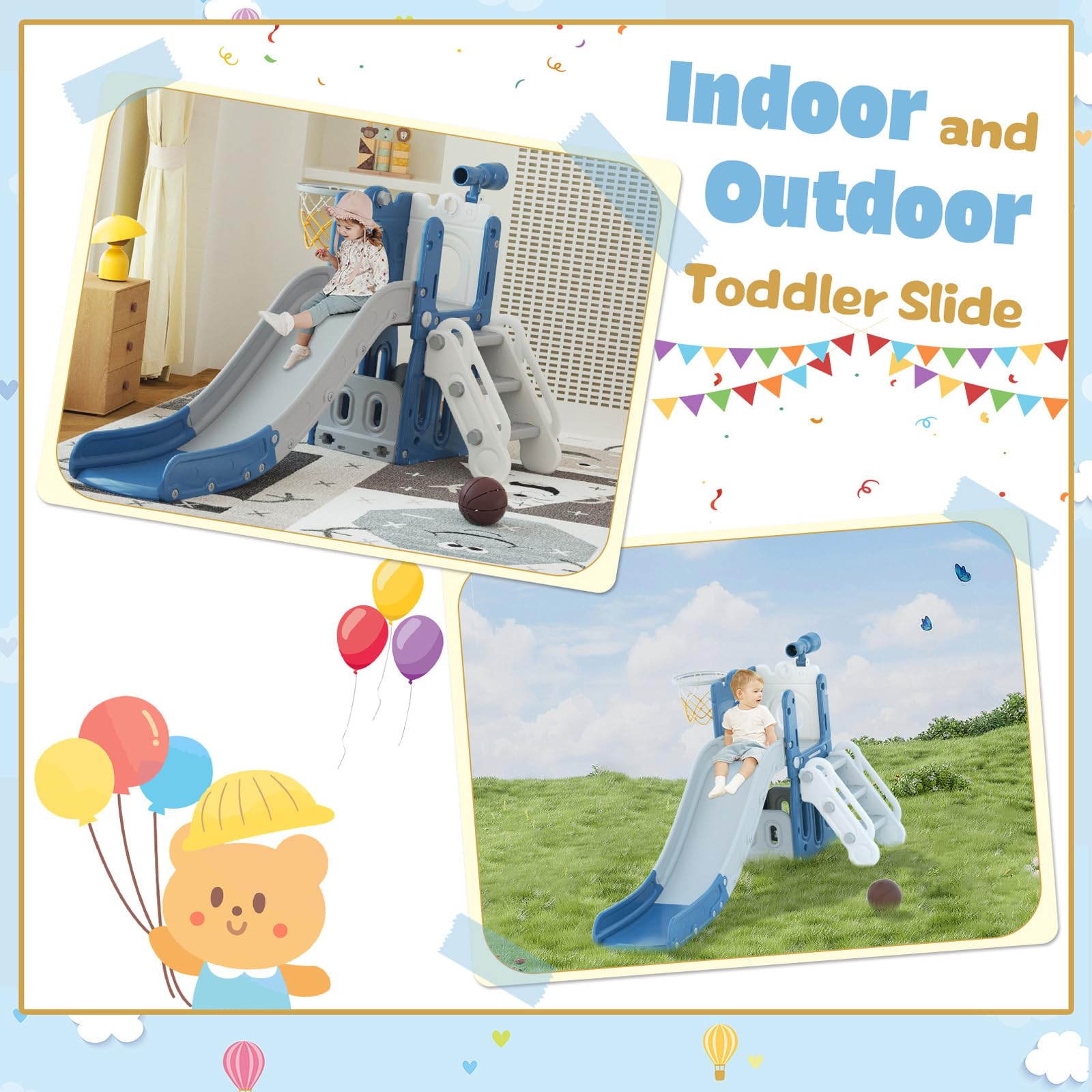YUFU 6-in-1 Toddler Slide & Climber Set with Basketball Hoop - Indoor/Outdoor Playset for Kids Ages 1-3 Years (Blue Gray) - Perfect for Backyard, Playroom & Preschool Activities
