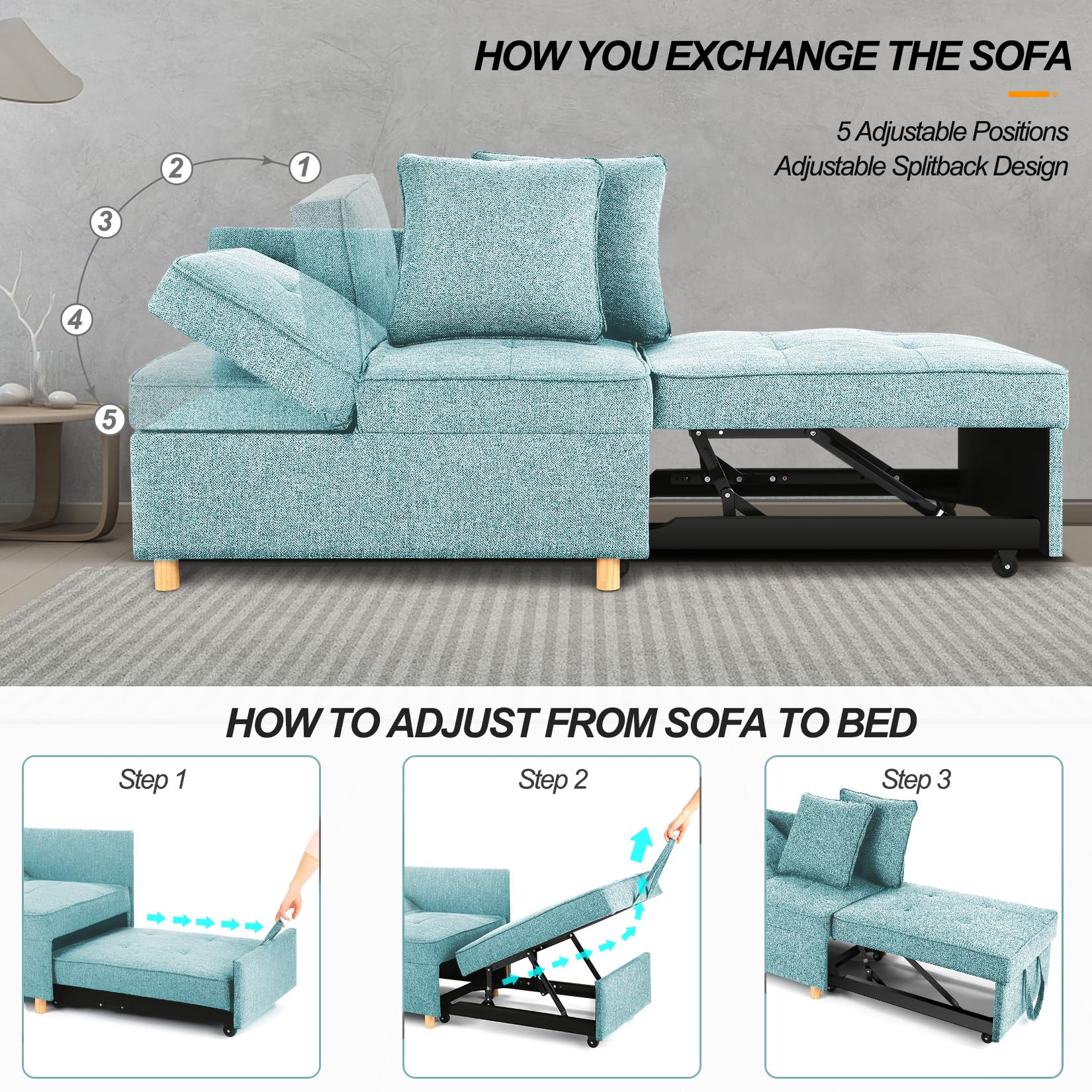 SEJOV 4-in-1 Convertible Sleeper Sofa Bed with Ottoman - Modern Blue Futon Couch with Adjustable Backrest, Armrests & 2 Pillows - Foldable Loveseat for Small Spaces, Apartments, Dorm Rooms & Home Offices - Perfect for Guest Sleeping, Lounging & Space Saving