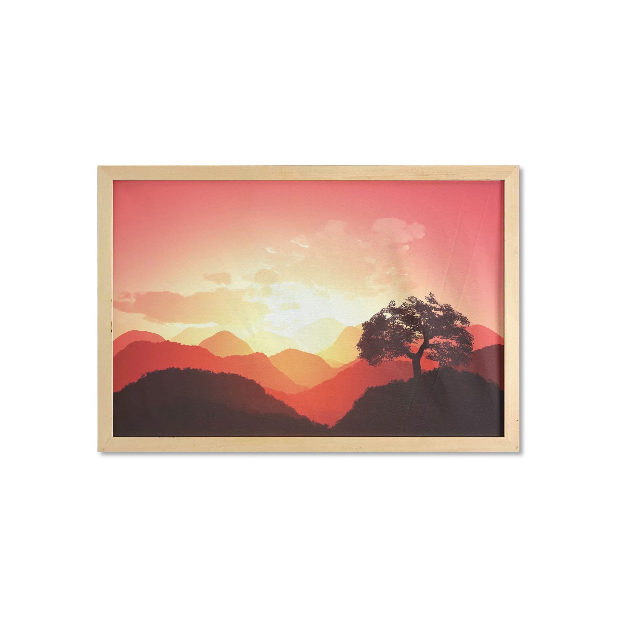 Ambesonne Mystic Oriental Sunset Wall Art with Tree and Mountains - Printed Fabric Poster with Frame, 35