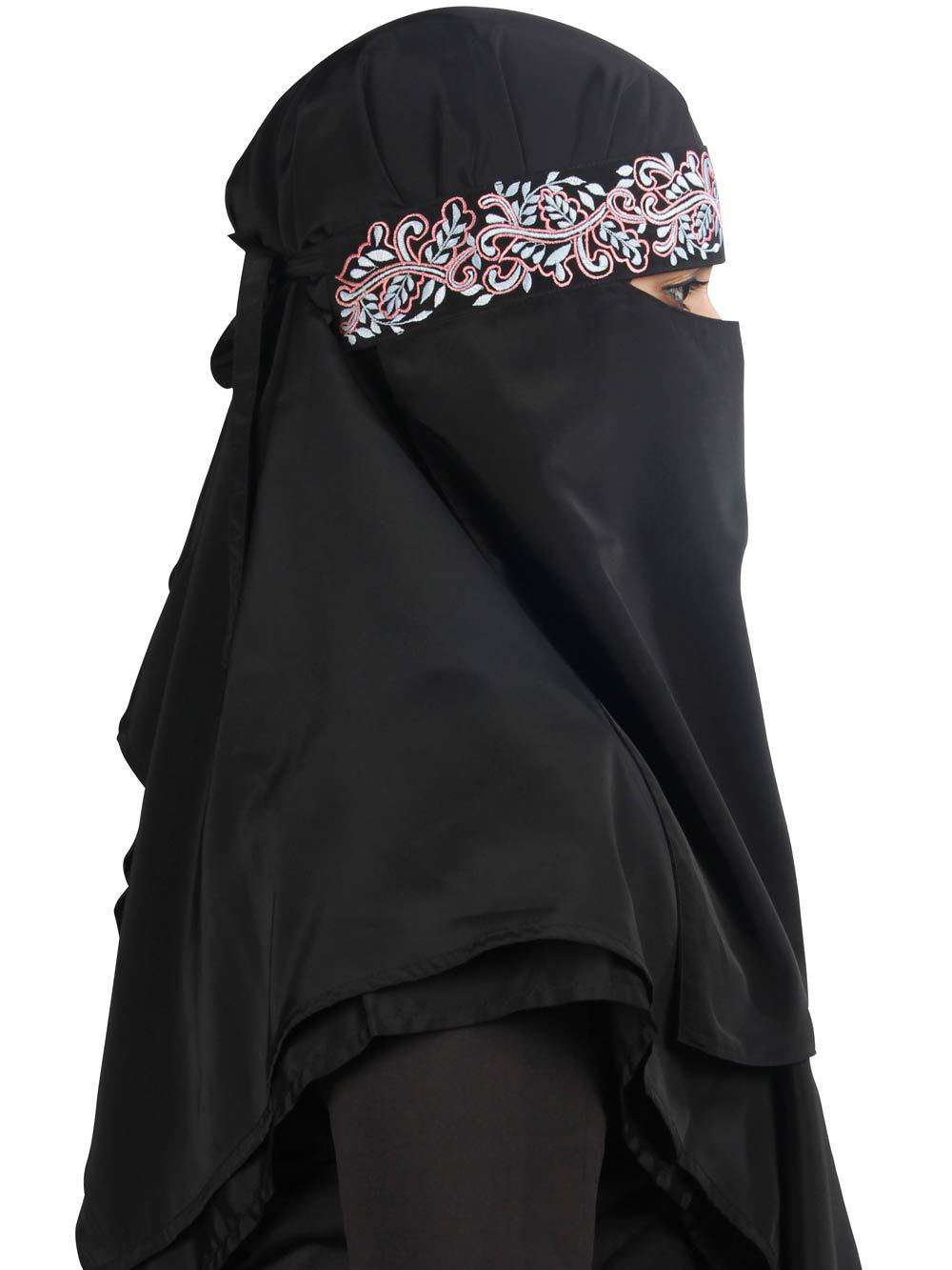 Aqeelah Black Crepe Embroidered Niqab - Islamic Face Veil for Women | Modest Muslim Hijab Accessory | Perfect for Prayer, Ramadan, and Special Occasions