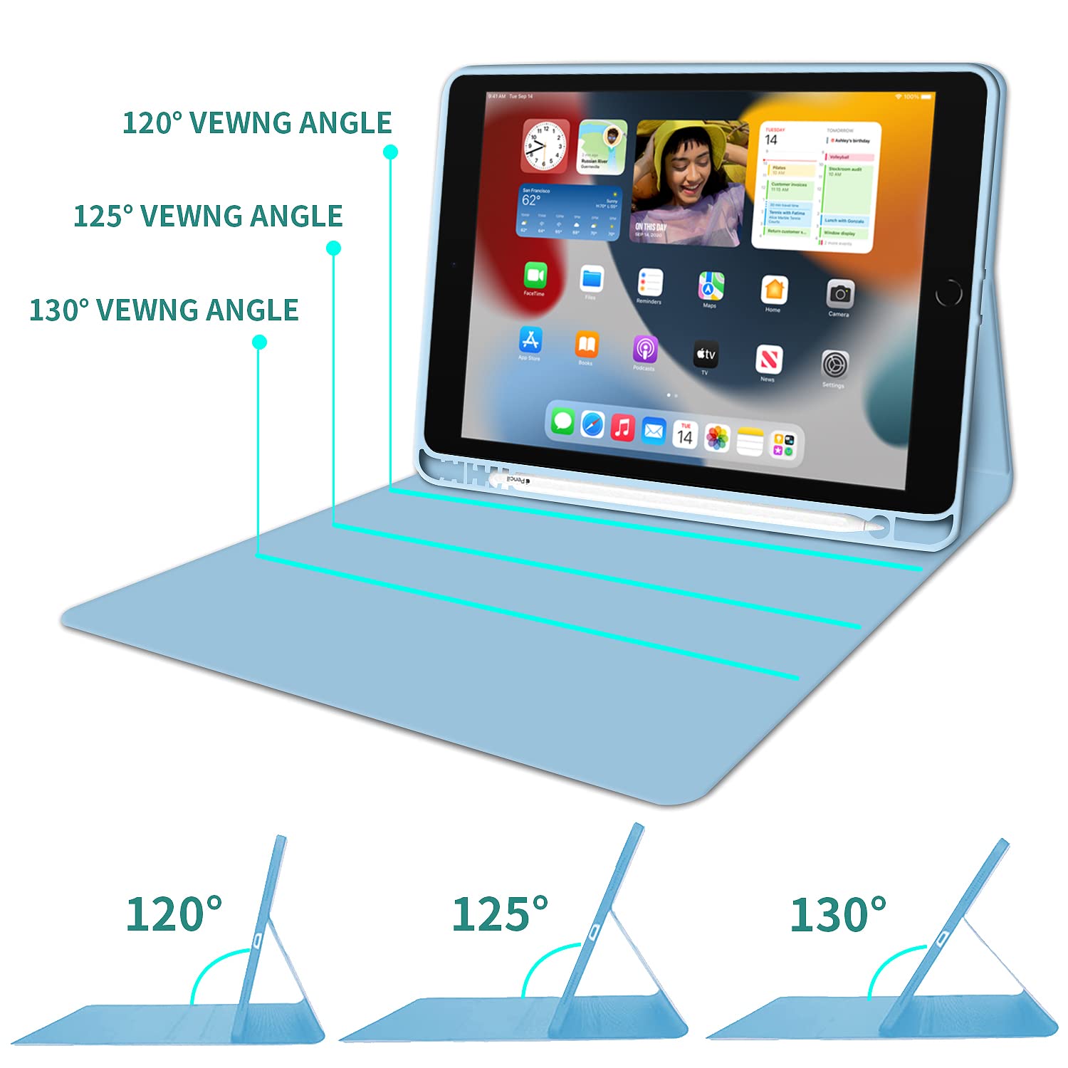Kenke Ultra Slim Wireless Keyboard Case for iPad 9.7 inch (iPad 6th/5th Gen 2018/2017, iPad Air 2/1) - Lightweight Smart Cover with Apple Pencil Holder & Magnetic Detachable Keyboard - Perfect for Work, Travel & Study (Light Blue)