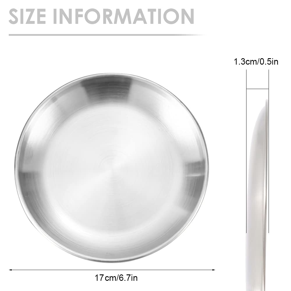 2 Pack 6.7 Inch (17cm) Stainless Steel Round Plates - Silver Metal Dinner Dishes for Camping, Outdoor Picnics, BBQ Parties & Home Dining - Durable & Lightweight