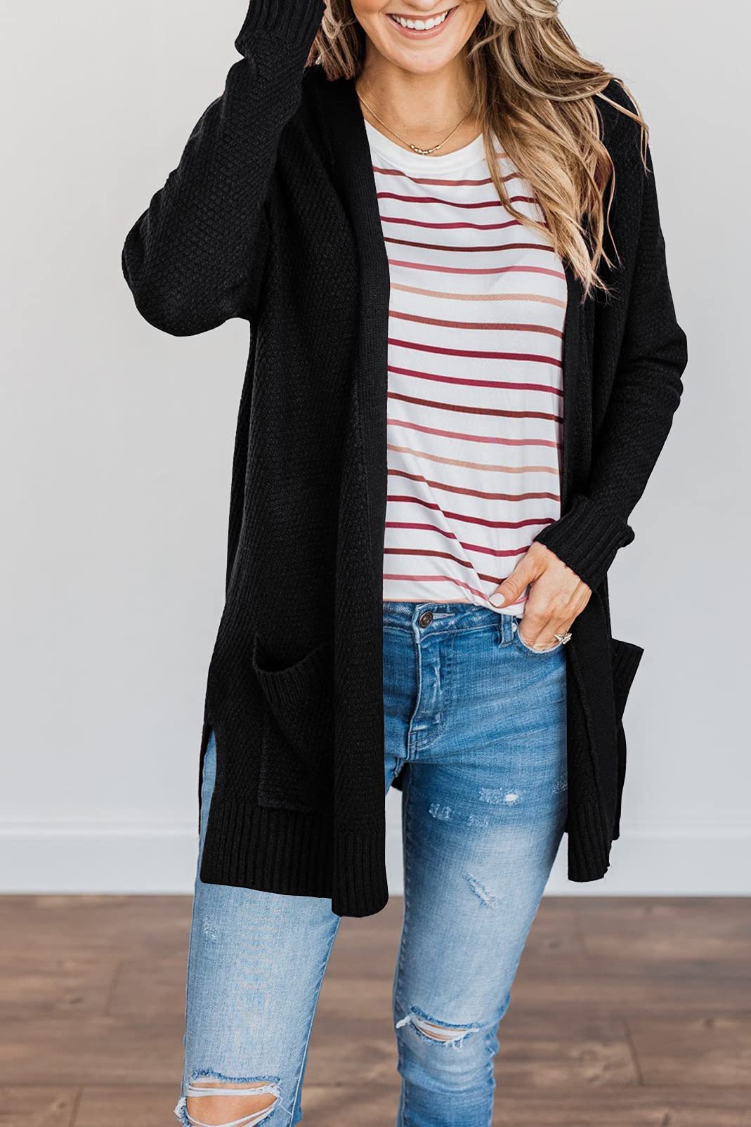 MEROKEETY Women's 2025 Long Sleeve Waffle Knit Cardigan - Open Front Cozy Sweater Coat with Pockets for Fall & Winter | Casual Outfits, Office Wear & Loungewear