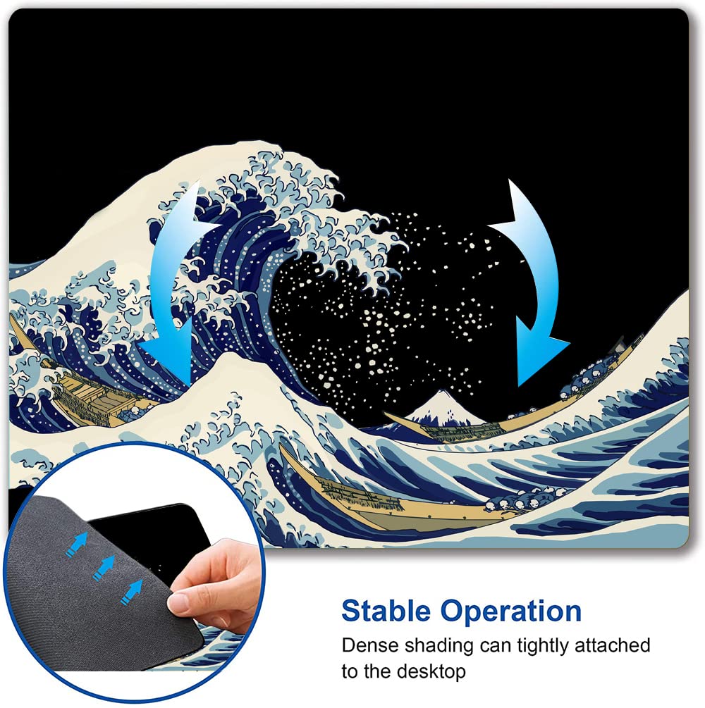 Japanese Sea Wave Design Washable Non-Slip Mouse Pad - Square Cloth Gaming & Office Mousepad for Laptop & Wireless Mouse - Perfect for Work, Gaming & Home Office Desks