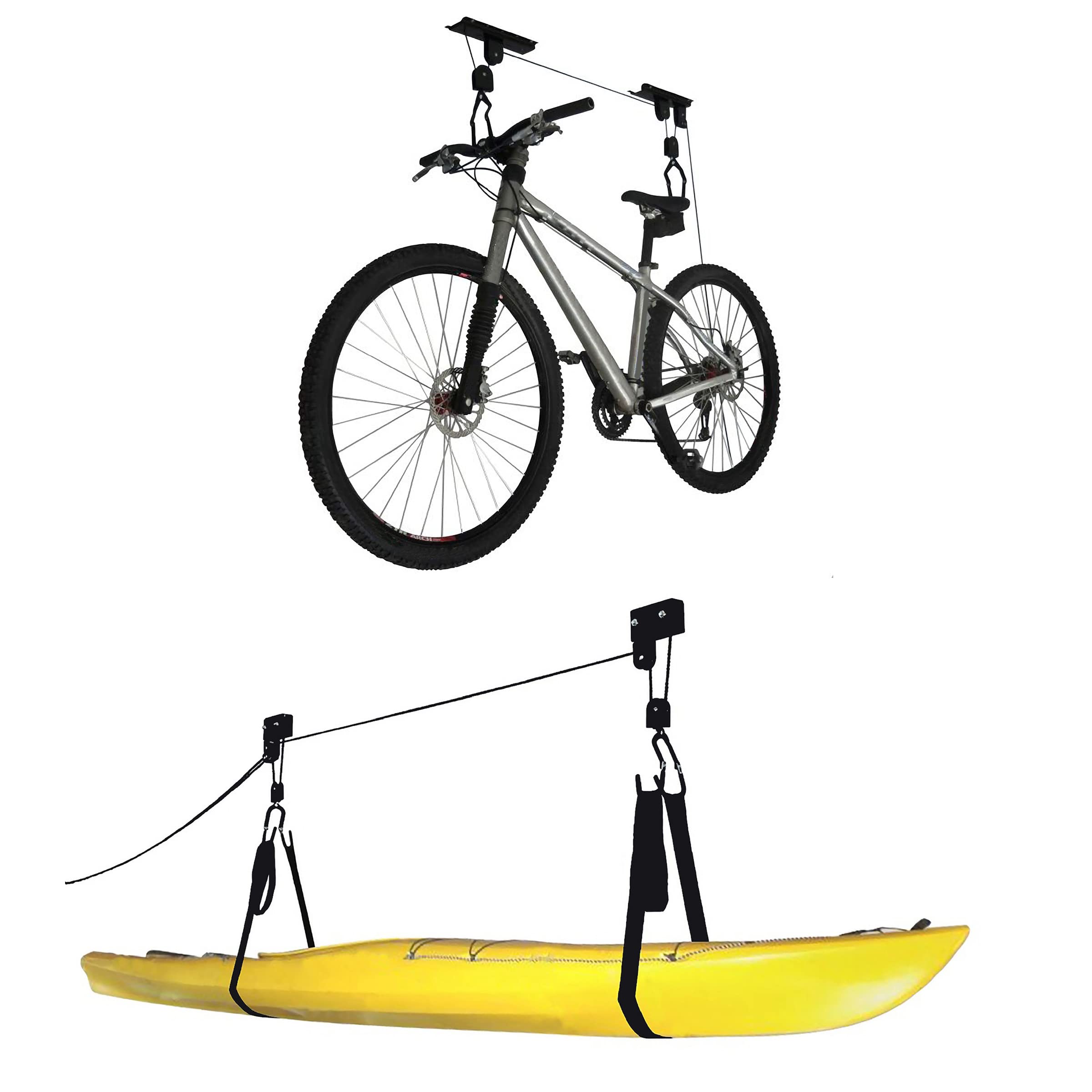 RAD Cycle Garage Hoist Set of 2 - Kayak Pulley & Bike/Ladder Hanger - Heavy Duty Overhead Storage System for Kayaks, Bikes, Ladders (Up to 12-Foot Ceilings) - Perfect for Garage Organization & Space Saving