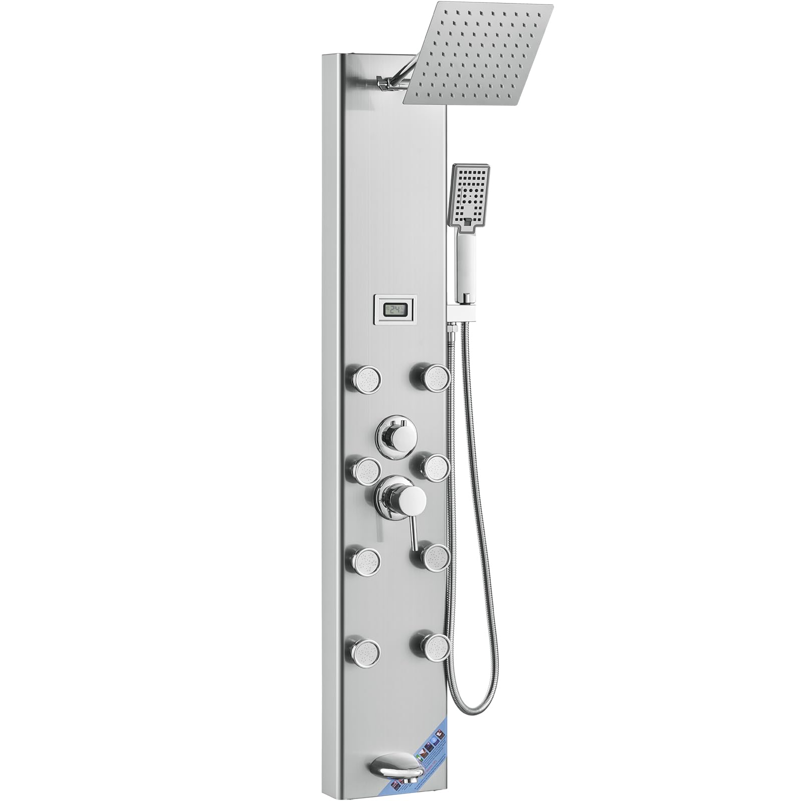 VEVOR Stainless Steel Shower Tower Panel with 5 Modes & Digital Display - Rainfall Shower, 8 Massage Jets, Tub Spout & 3-Setting Handheld Shower Head with 59