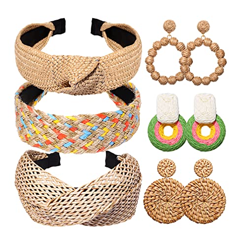 Handmade Woven Rattan Hoop Earrings & Braided Raffia Headband Set - Bohemian Statement Jewelry for Women & Girls - Perfect for Summer, Beach, Vacation & Festival Accessories - Great Gift Idea